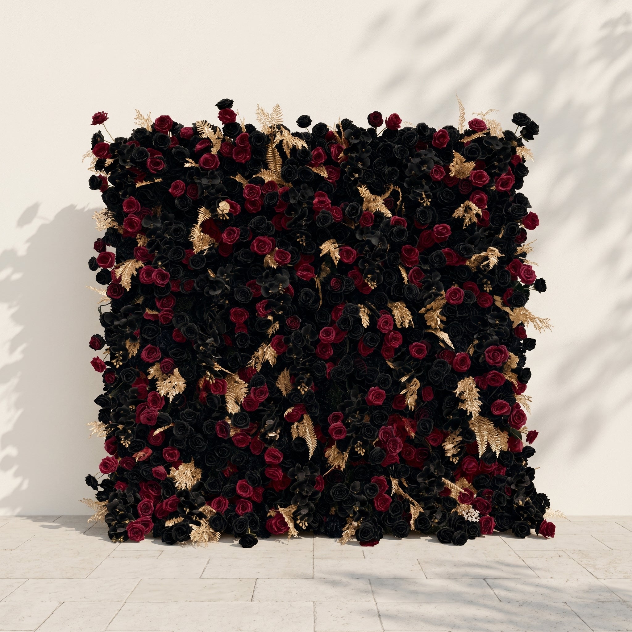 Camilavia: Luxury 5D Black, Burgundy & Gold Silk Floral Wall Roll-Up Backdrop for Opulent Gothic Weddings