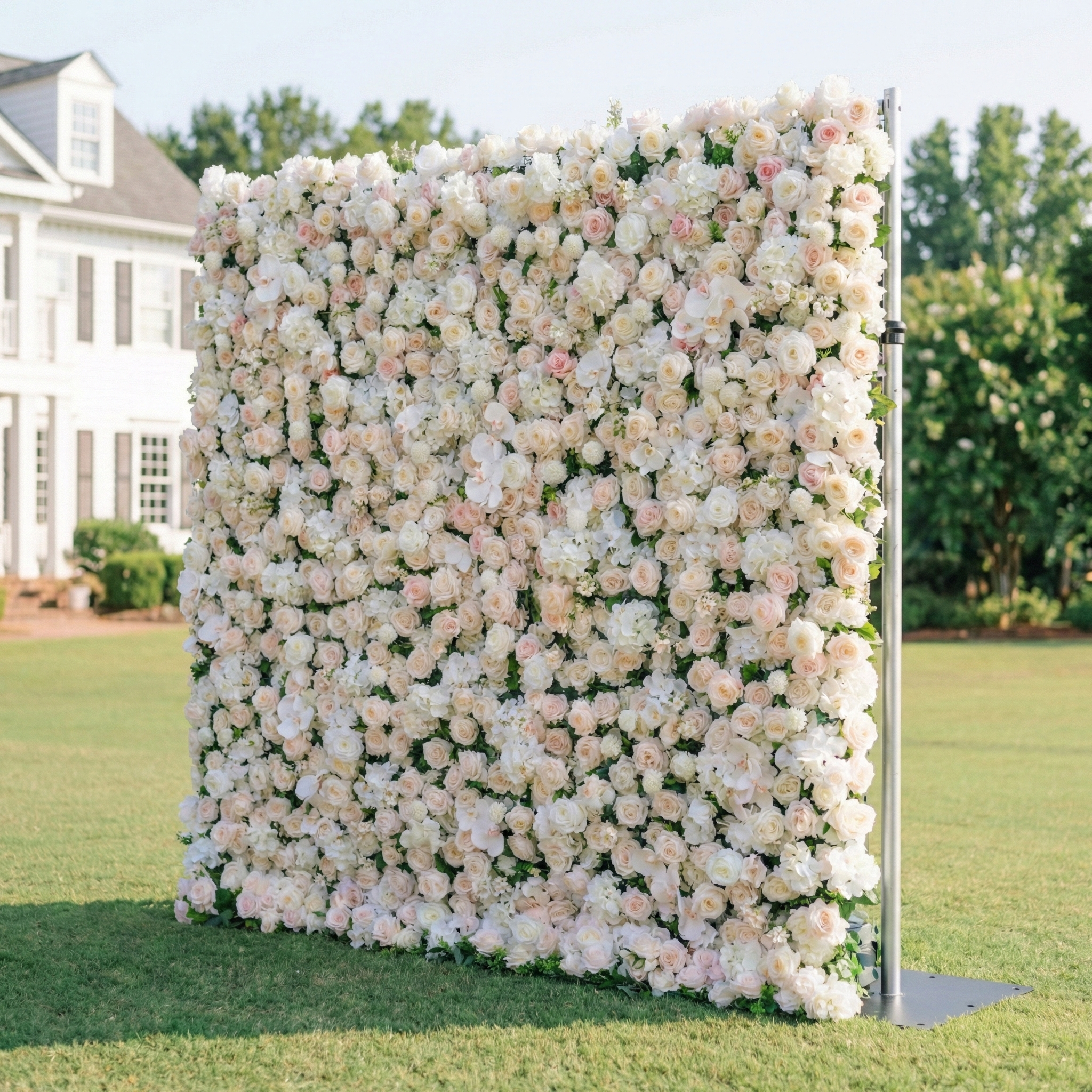 Casey: Premium 5D Soft Blush & White Silk Floral Wall Roll-Up Fabric Backdrop for Dreamy Garden Ceremonies & Elegant Wedding