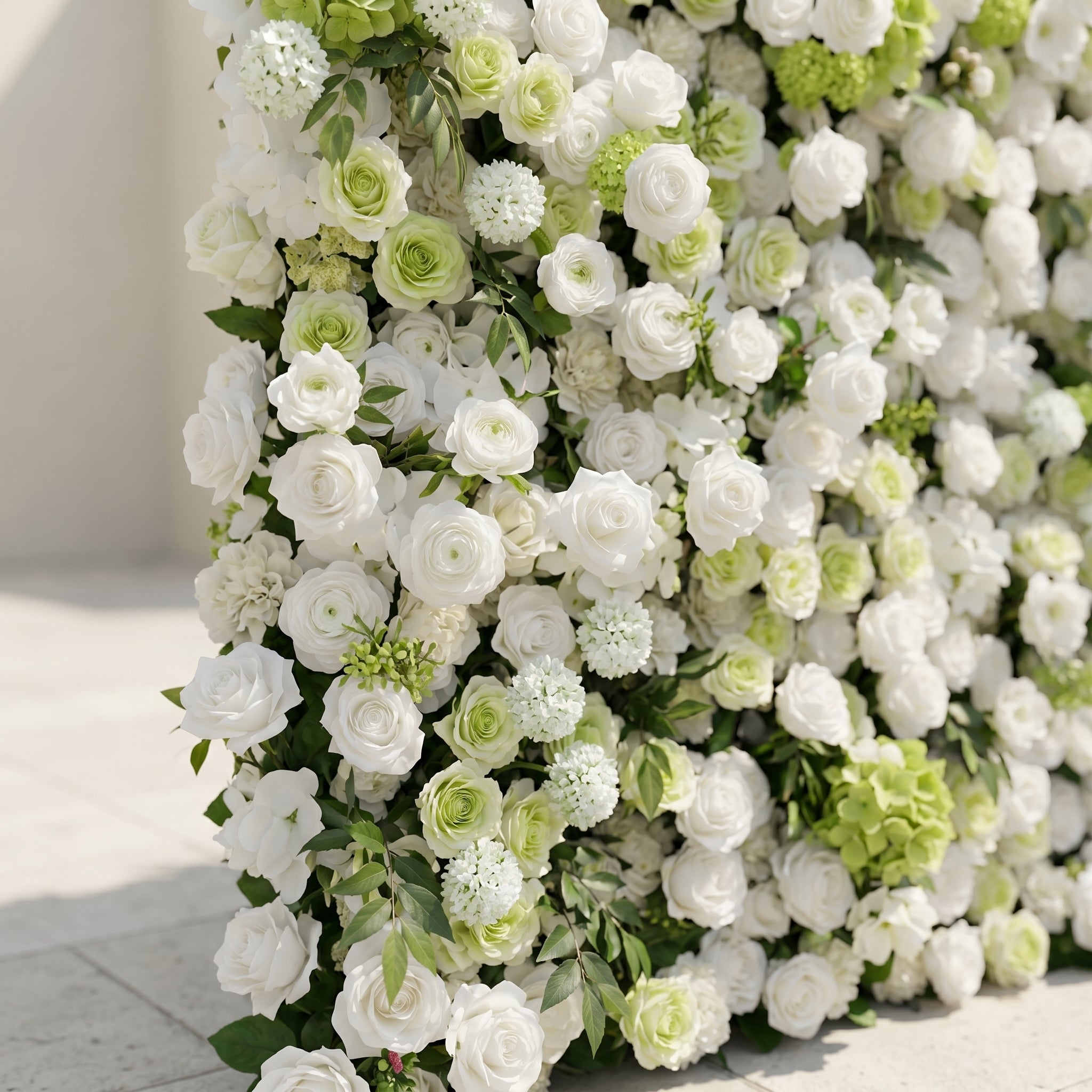 Cordelle: Luxury 4D Creamy White & Fresh Green Silk Floral Wall Backdrop for Organic Garden Weddings