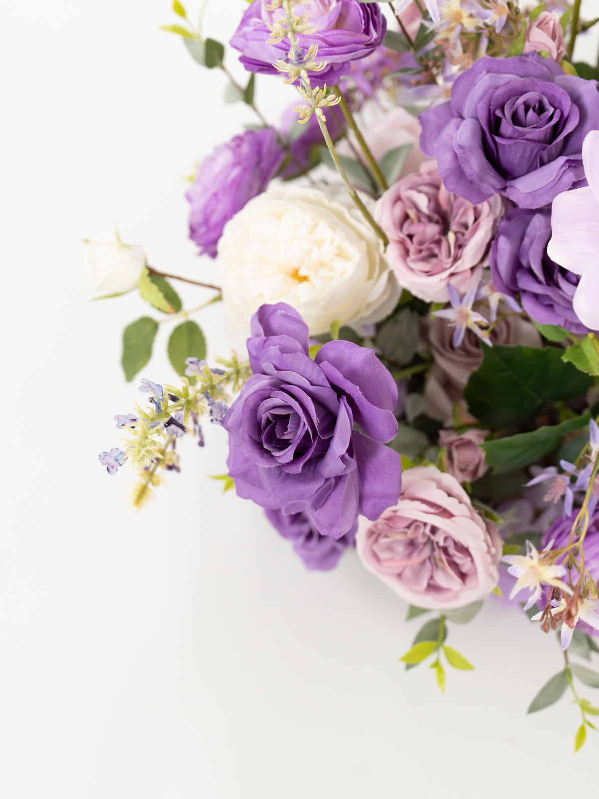 9" Tulips Garden Roses and Ranunculus Small Floral Centerpiece for Wedding Reception Guest Tables in Violet Garden | Greta