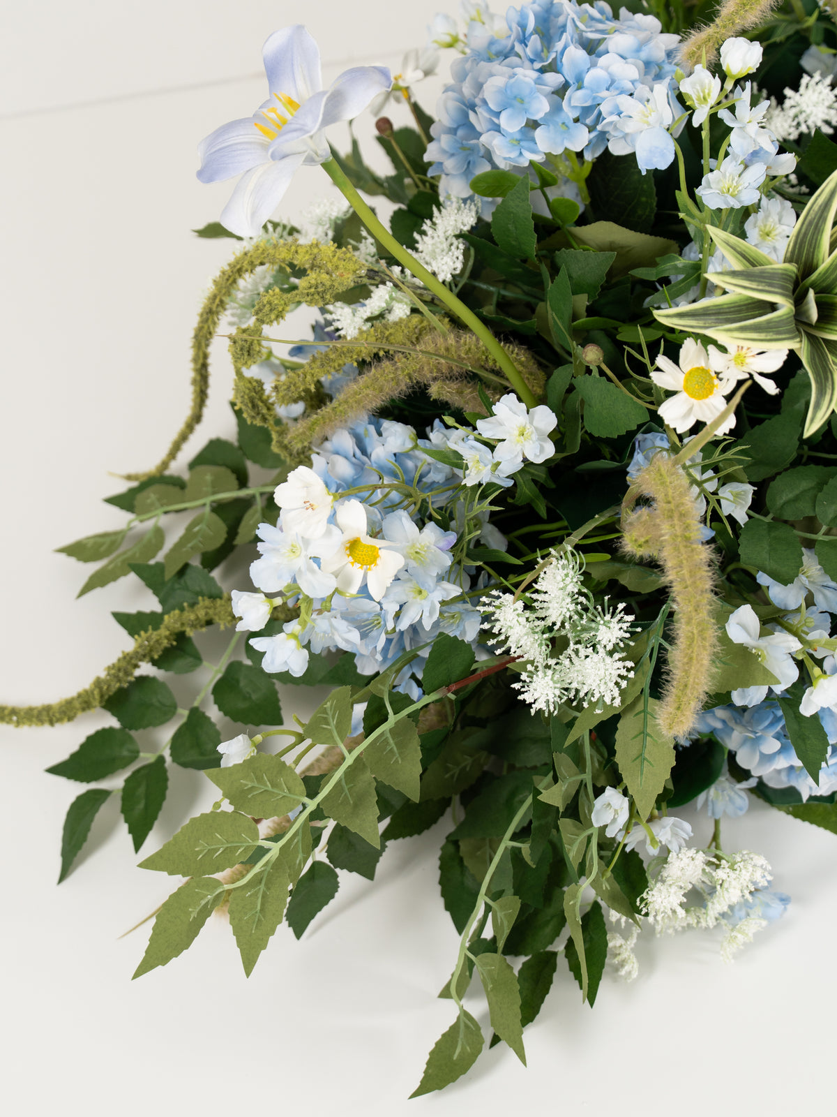 8′10″Hydrangea Tulips Larkspur Ammi magus Floral Table Centerpiece for Wedding Reception in Powder Blue Meadow | Cora