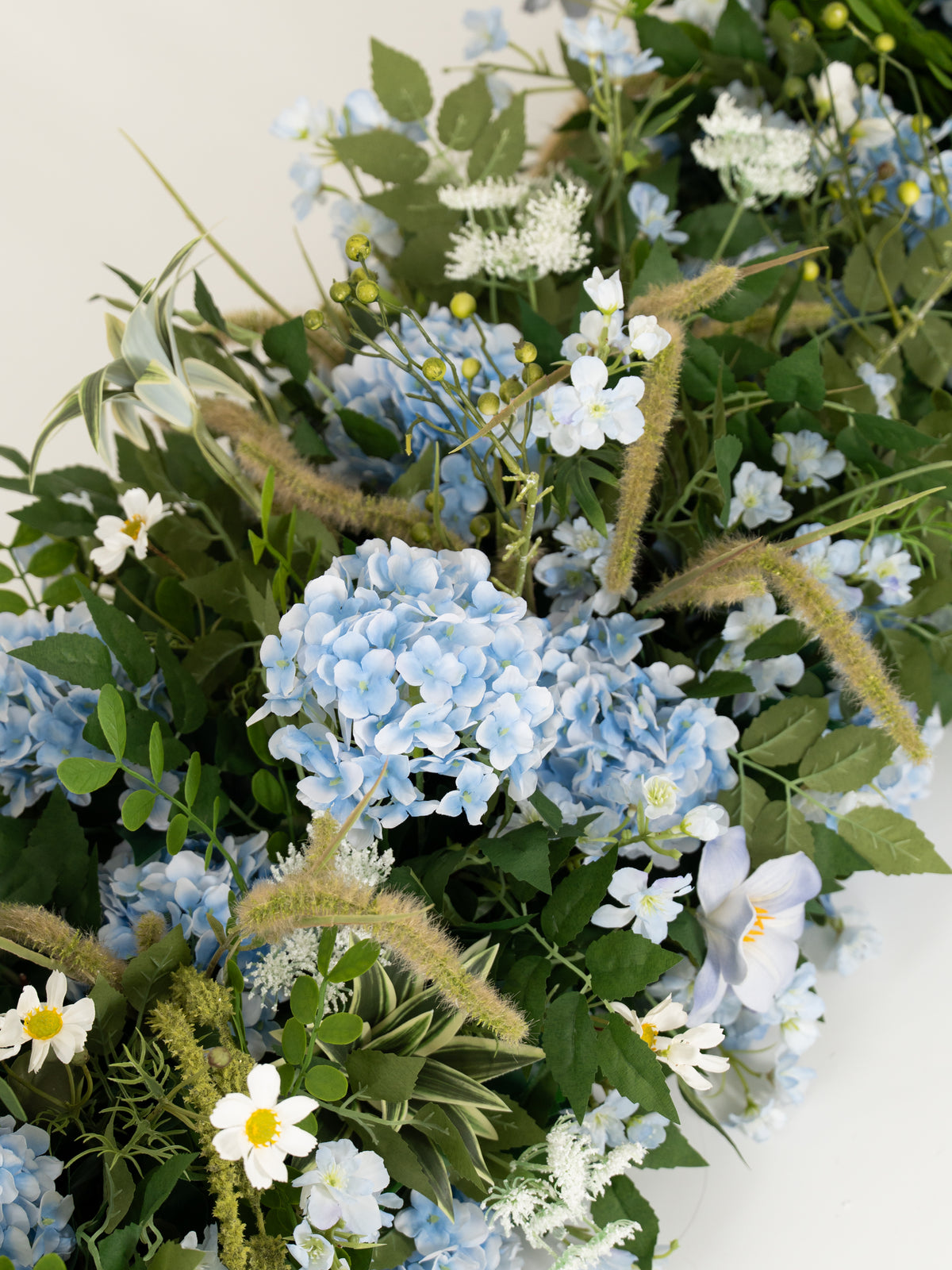 8′10″Hydrangea Tulips Larkspur Ammi magus Floral Table Centerpiece for Wedding Reception in Powder Blue Meadow | Cora