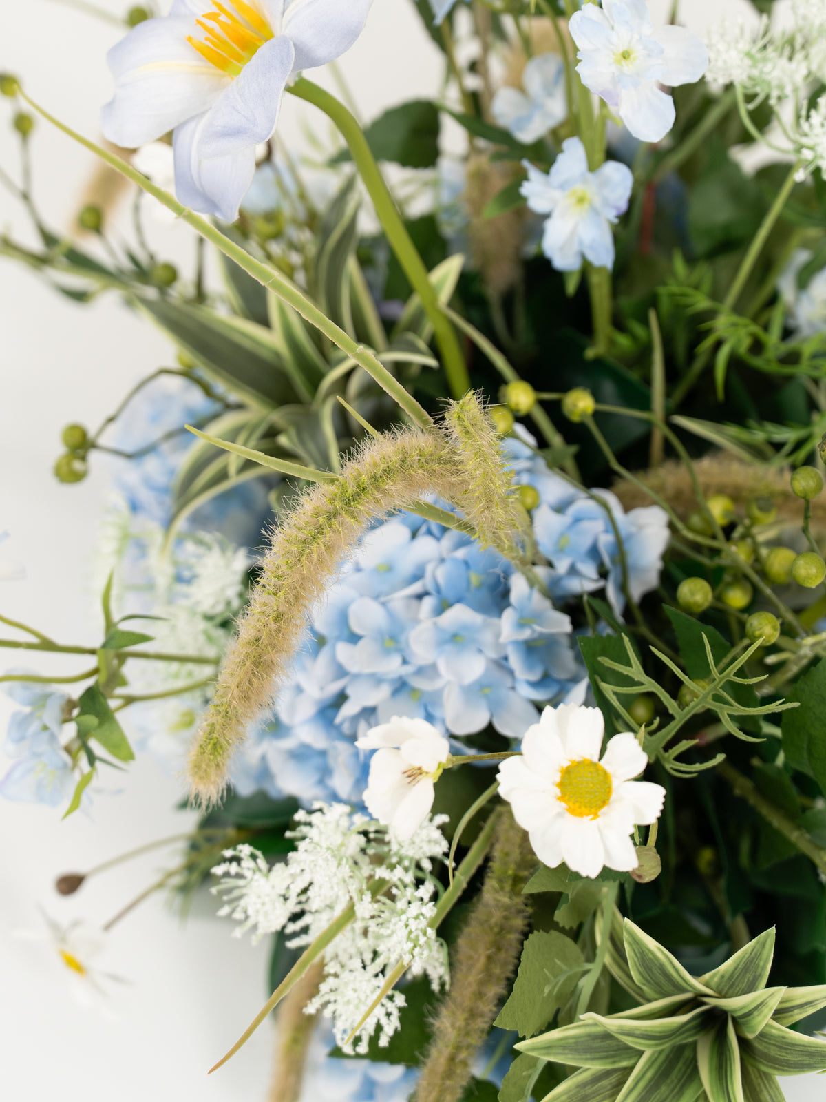 9" Tulips Greeenry Ammi Magus Small Floral Centerpiece for Wedding Reception Guest Tables in Powder Blue Meadow | Cora
