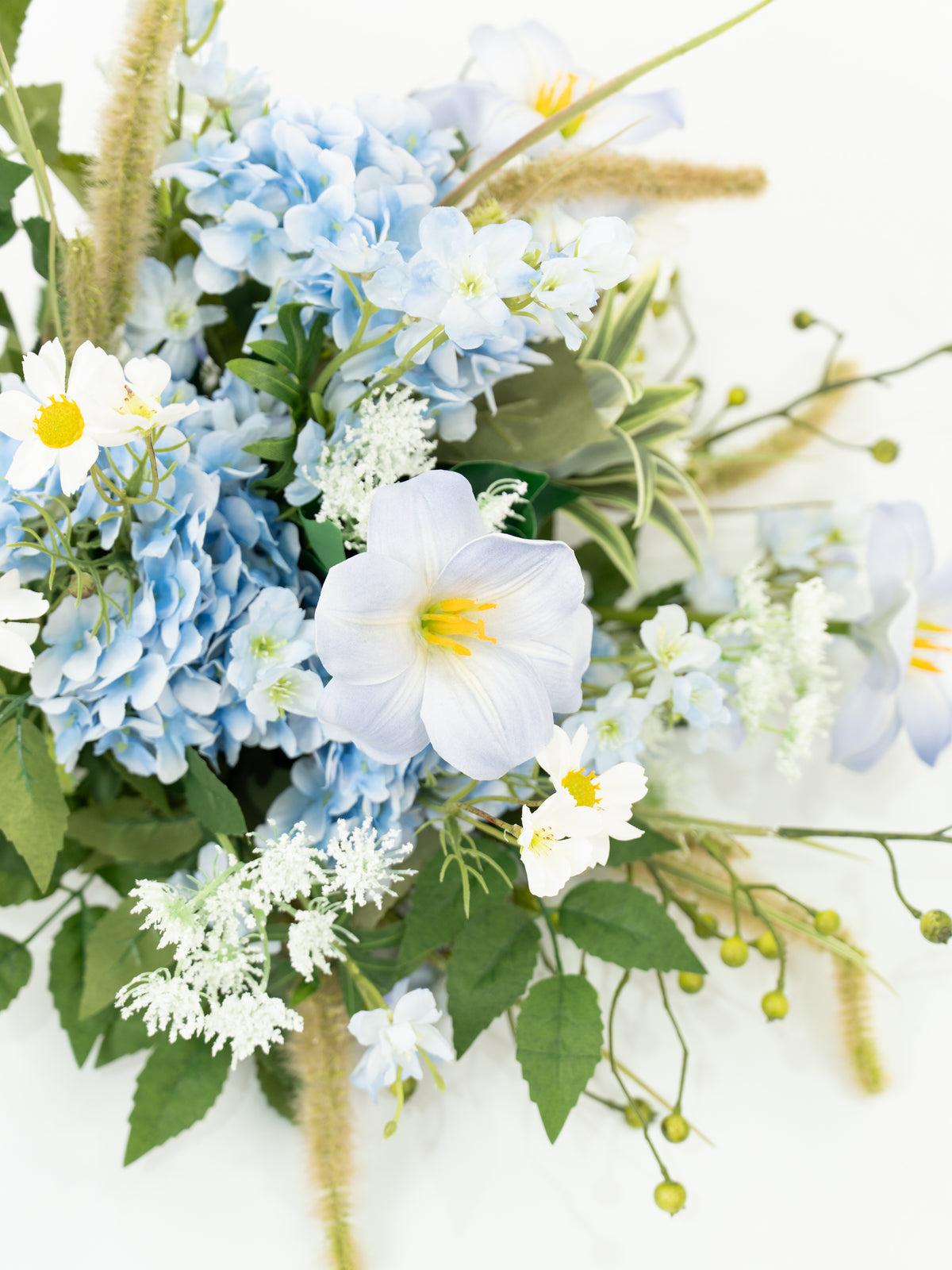 Delicate 13-Inch Round Shape Hydrangea Larkspur Ammi Magus and Wildflower Bridal Bouquet for Wedding Ceremony and Photos in Powder Blue Meadow | Cora