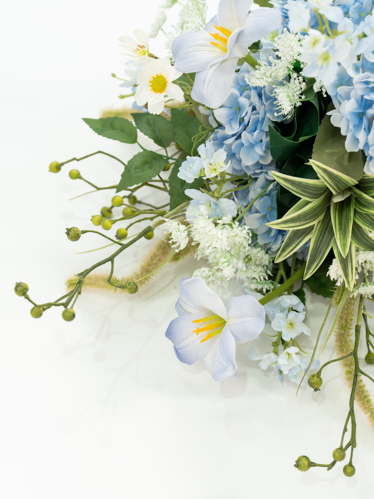 Delicate 13-Inch Round Shape Hydrangea Larkspur Ammi Magus and Wildflower Bridal Bouquet for Wedding Ceremony and Photos in Powder Blue Meadow | Cora