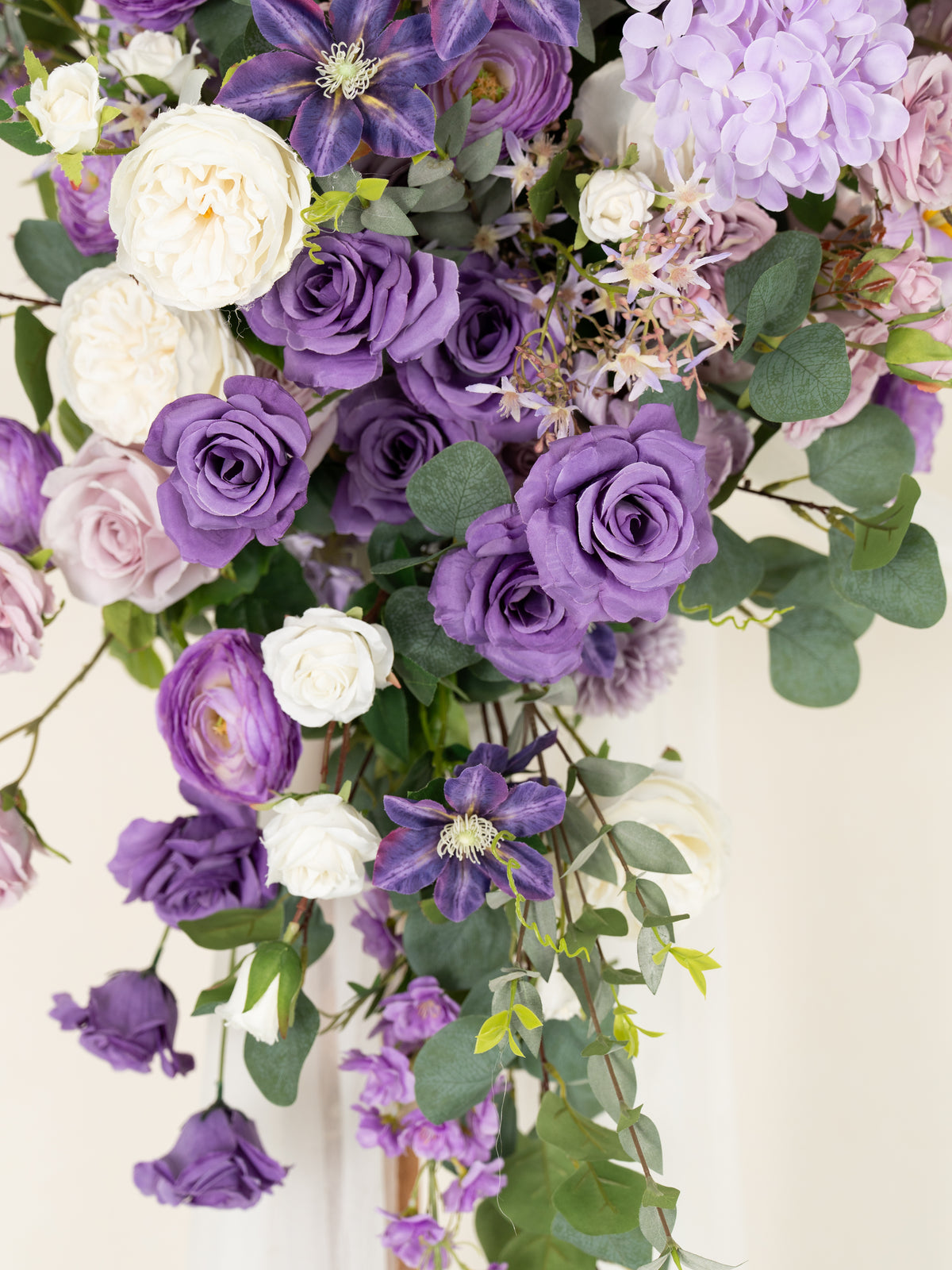 Violet Garden Rpses Lilac Clematis Parvi Floral Arch with Draping for Wedding Ceremony & Reception Backdrop in Violet Garden | Greta