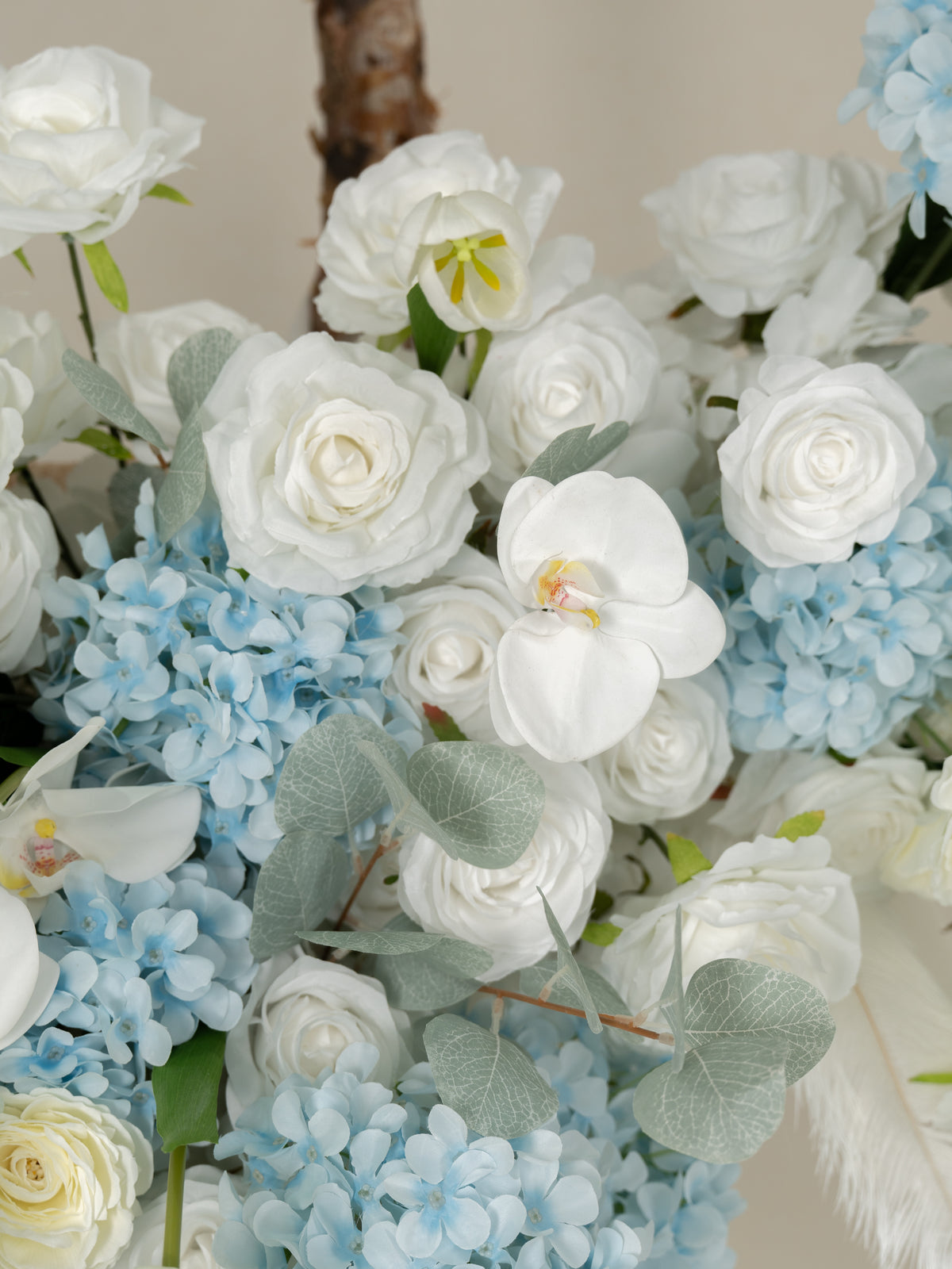 Romantic Roses, Hydrangea, Delphinium & Phalaenopsis Floral Arch with Draping for Wedding Ceremony and Backdrop Decor in Baby Blue & Ivory | Serena(Stand not included)