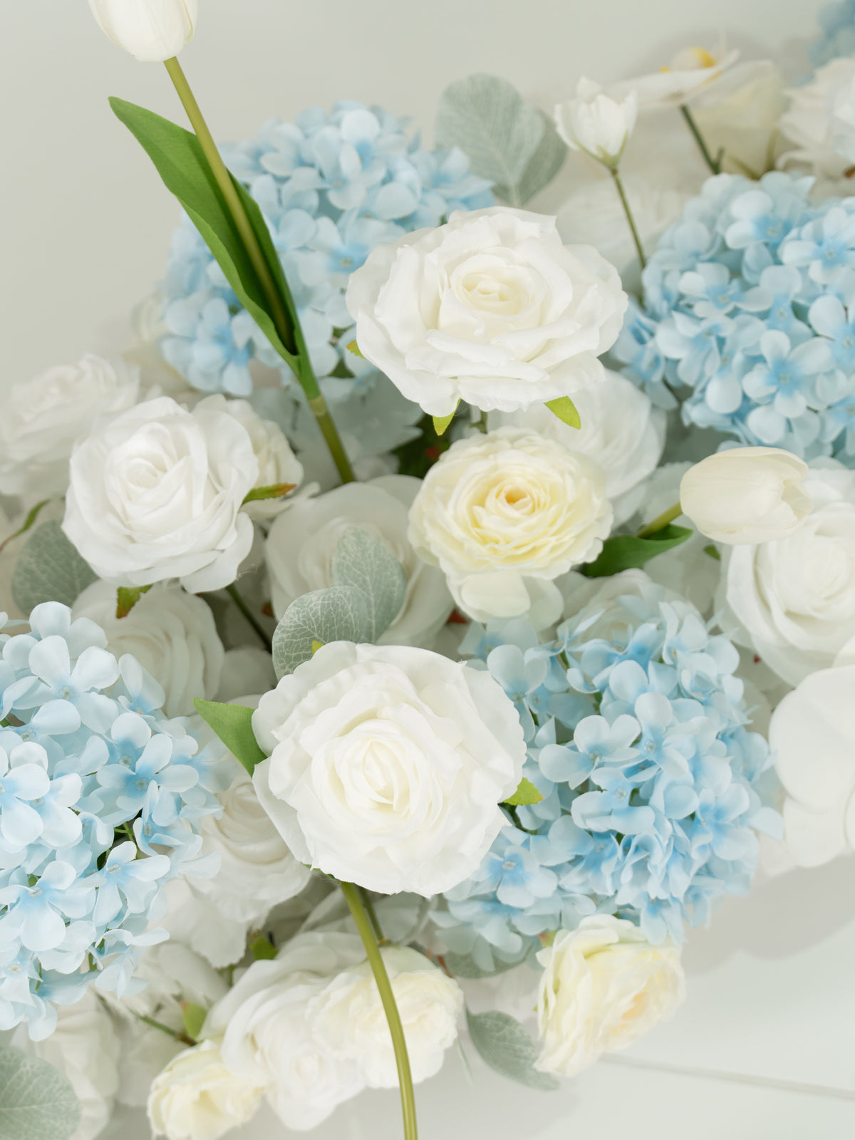 8′10″ Blue Hydrangea, Tulips & Ranunculus Long Table Centerpiece for Wedding Reception and Tablescape Decor in Baby Blue & Ivory | Serena