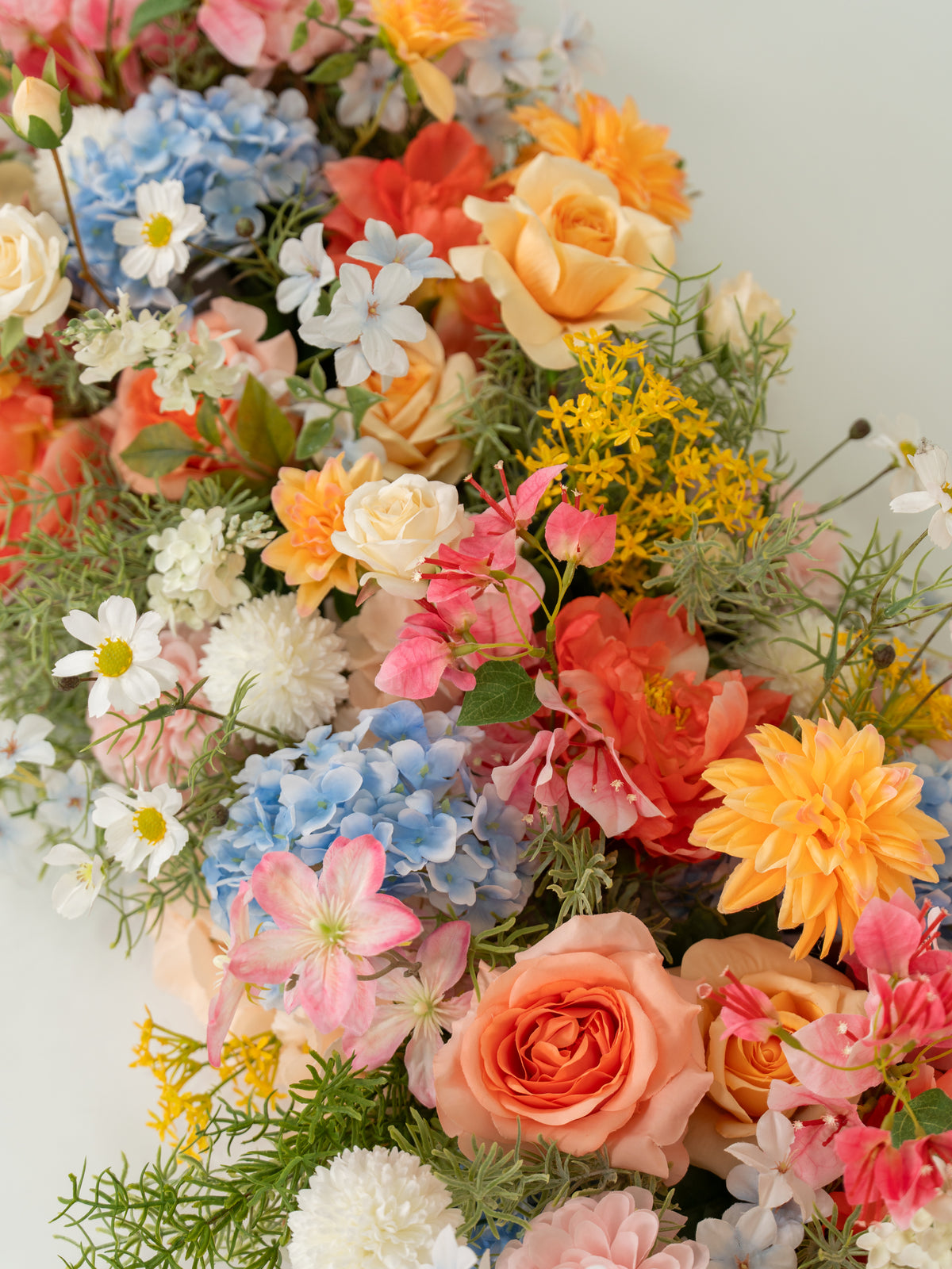 8′10″ Lush Dahlias, Roses, Garden Roses & Hydrangeas Long Table Centerpiece for Wedding Reception and Table Decor in Coral & Pink | Grace