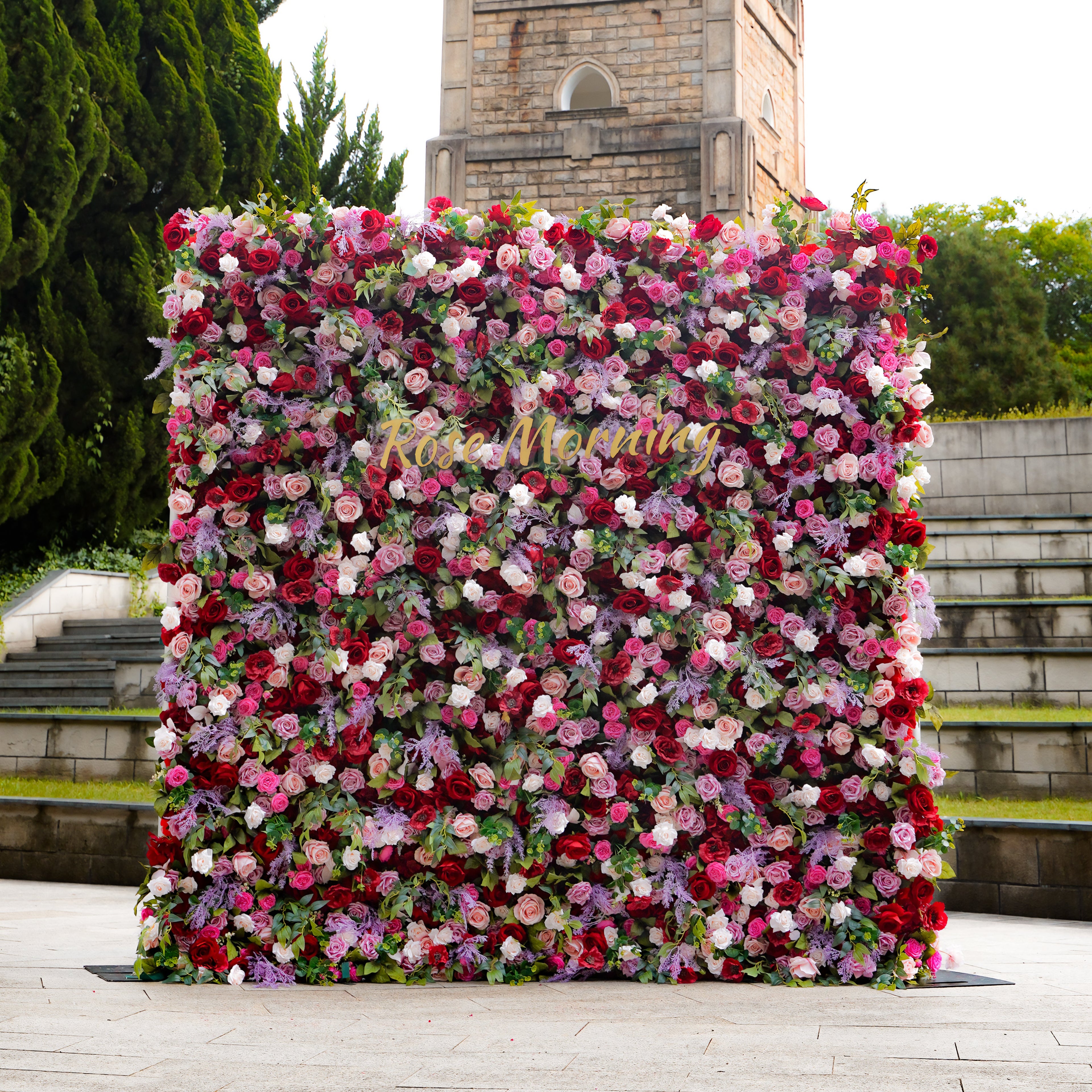 The flower walls are made of artificial flowers in various colors, layered at different levels to create a lush, elegant and natural look. The exclusive zipper design and roll-up design make it easy to install and remove.Rose Morning
