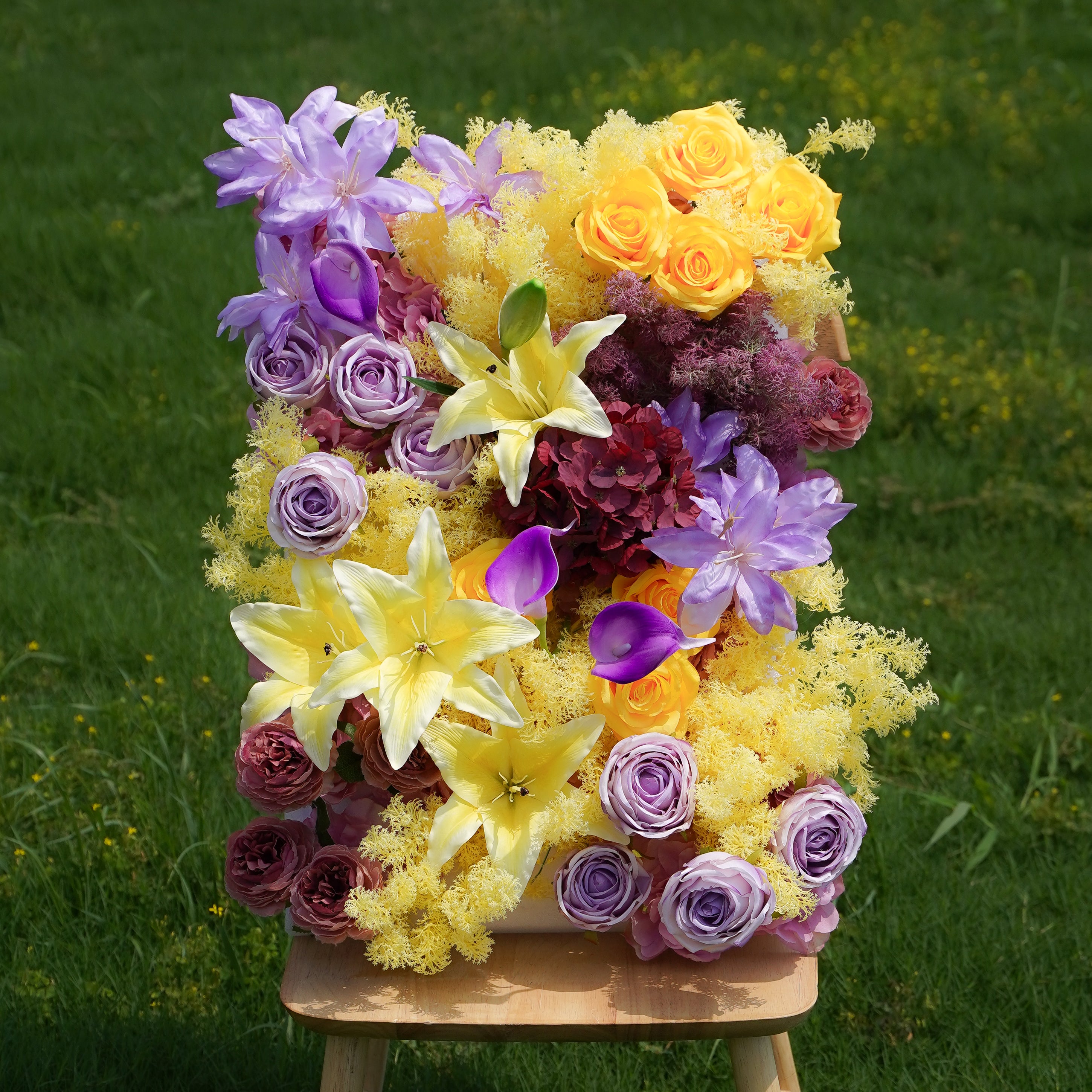 The flower walls are made of artificial flowers in various colors, layered at different levels to create a lush, elegant and natural look. The exclusive zipper design and roll-up design make it easy to install and remove.