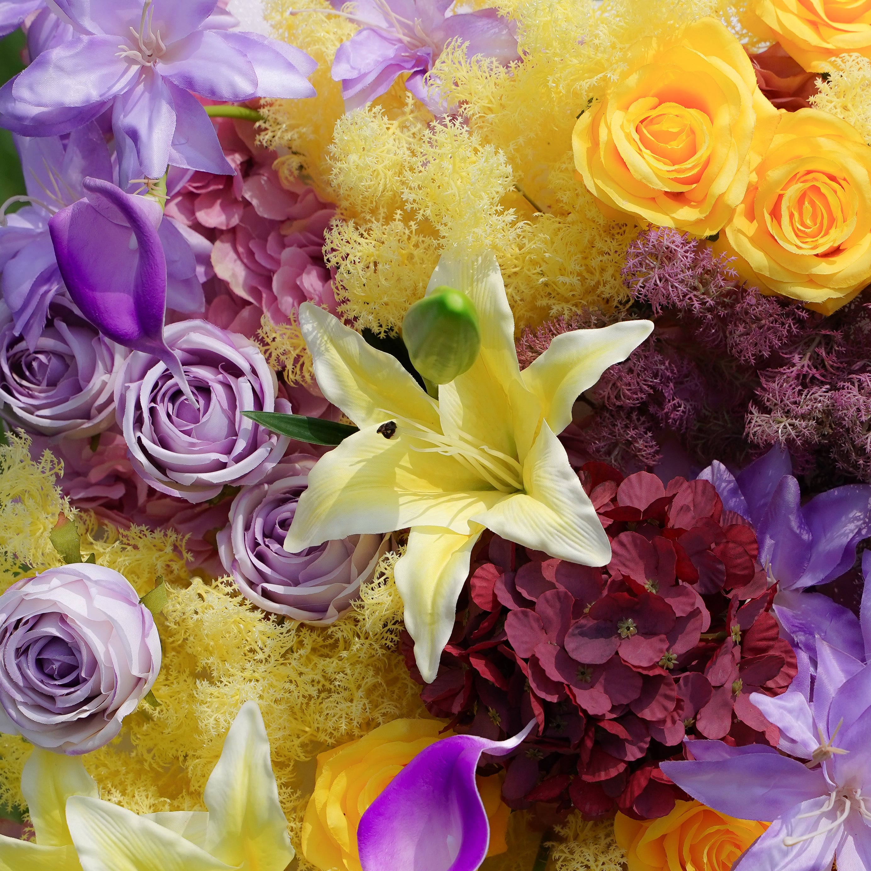 The flower walls are made of artificial flowers in various colors, layered at different levels to create a lush, elegant and natural look. The exclusive zipper design and roll-up design make it easy to install and remove.