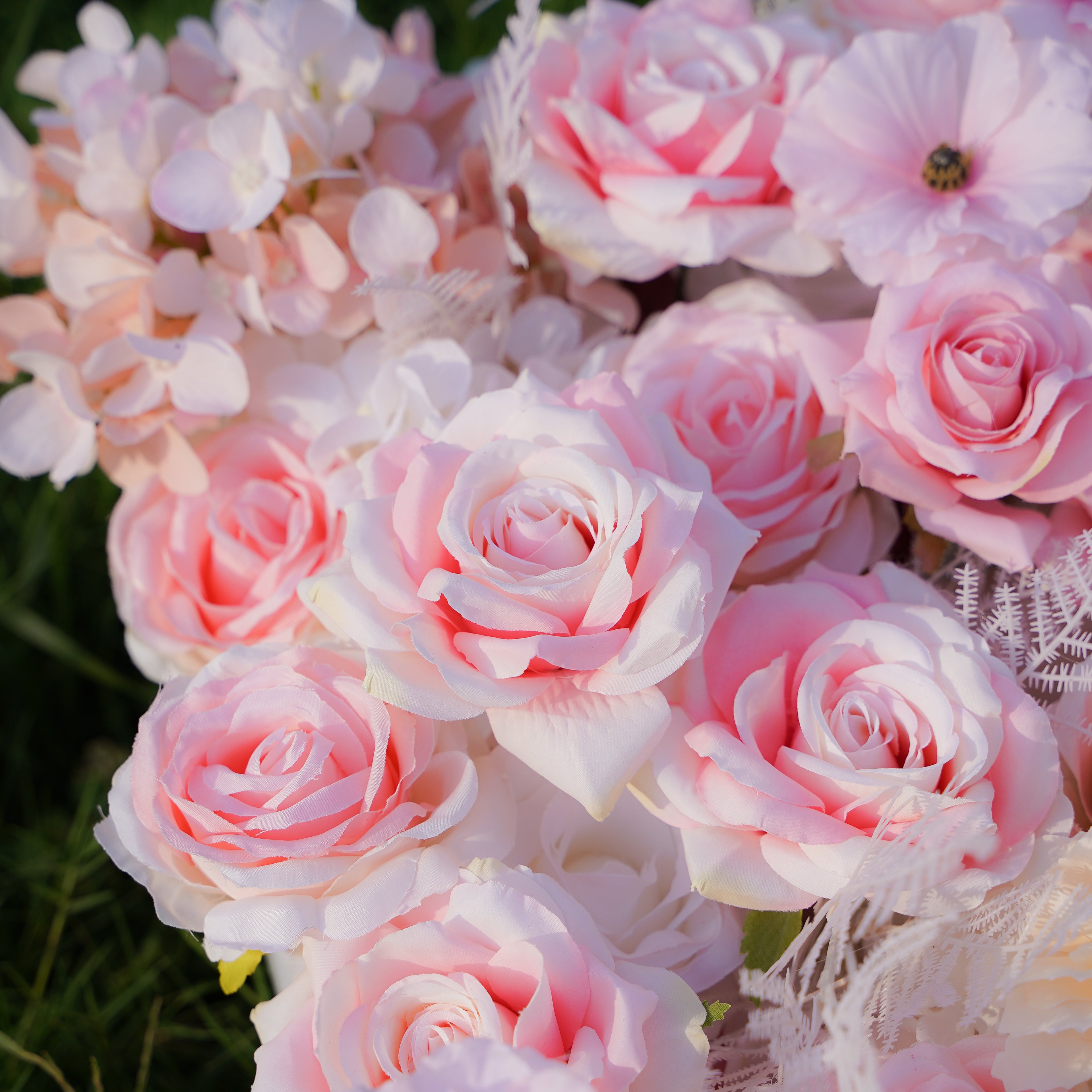 This is a photo of a rose morning danilia wall. The flower wall is made of 5D fabric, hand rolled and measures 8ft x 8ft. The flower wall is composed of bright roses, creating a romantic and elegant atmosphere. The flower wall is suitable for various occasions, such as weddings, parties, birthday parties, etc. It is also perfect for decorating your home.