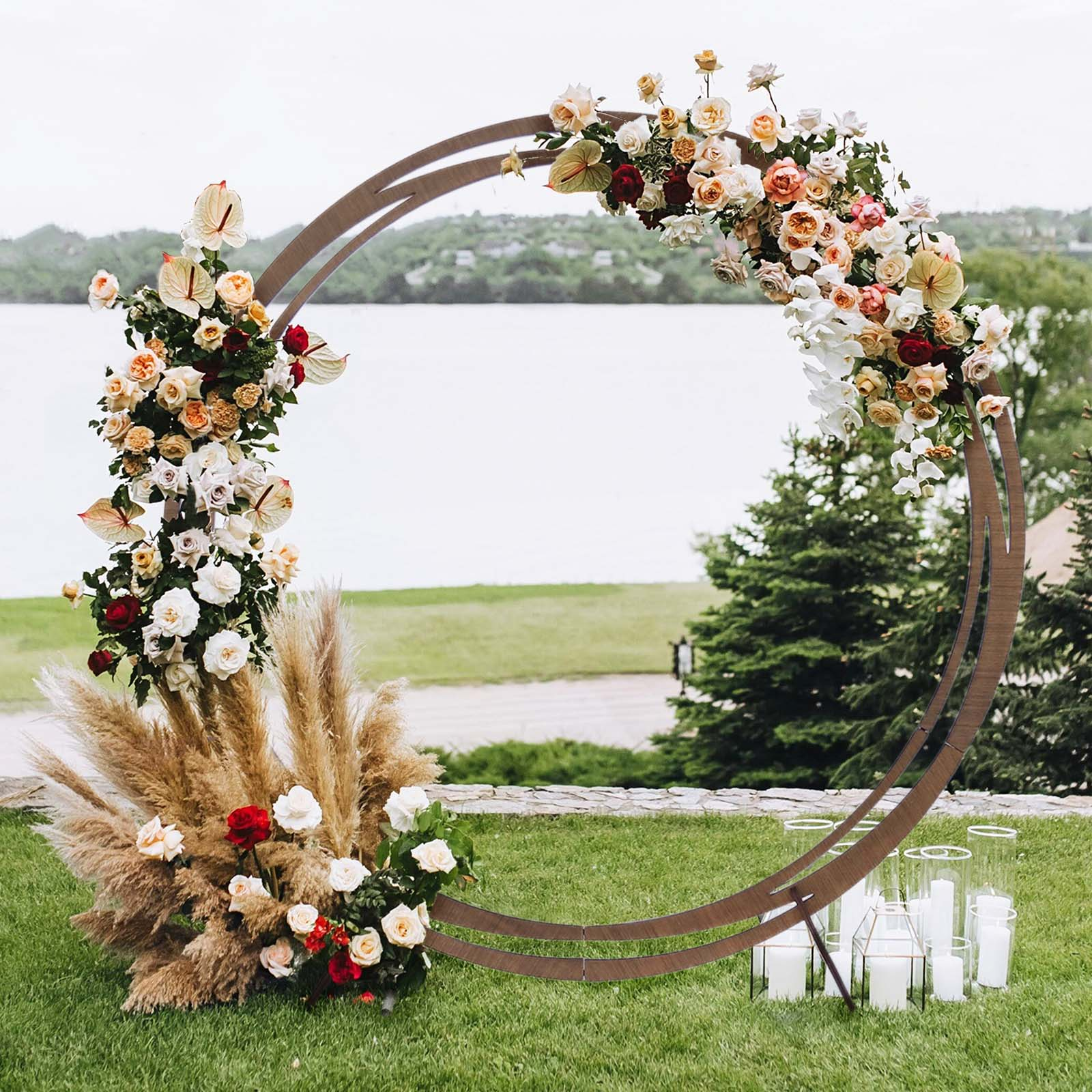 E005: 2023 New Wooden Wedding Arch, Round Wooden Wedding Arch Backdrop Stand Rose Morning