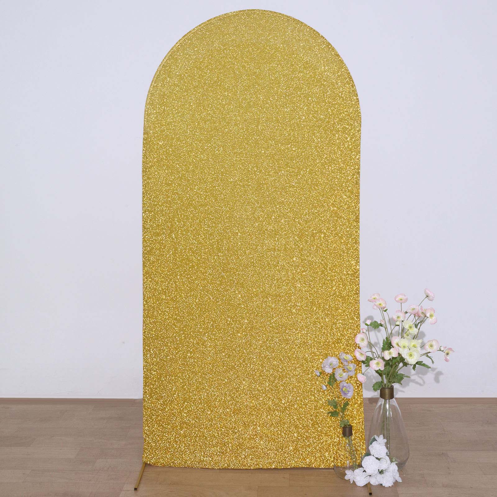 2023 Gold Shimmer Tinsel Spandex Fitted Wedding Arch Covers For Round Top Backdrop Stands Rose Morning