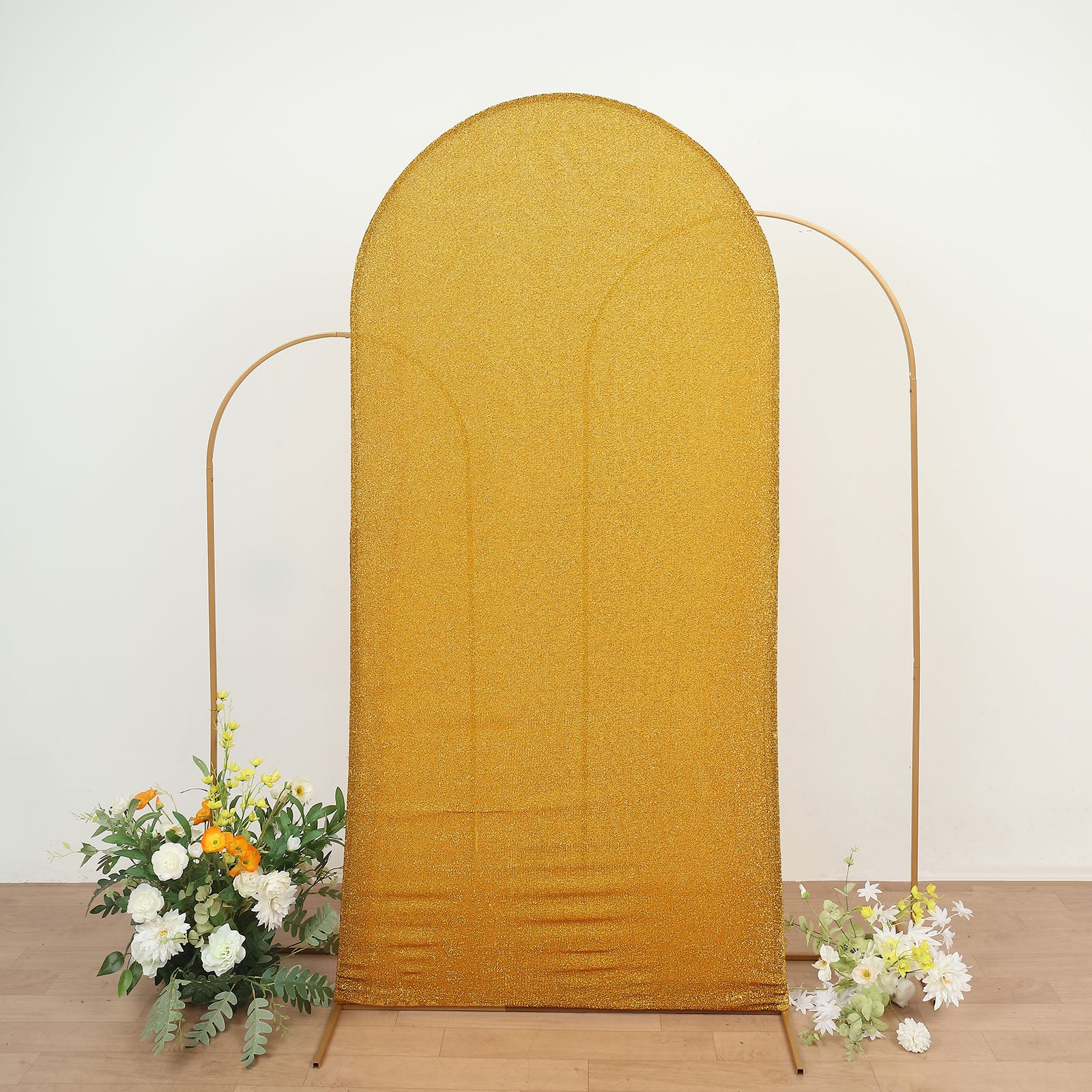 2023 Gold Shimmer Tinsel Spandex Fitted Wedding Arch Covers For Round Top Backdrop Stands Rose Morning