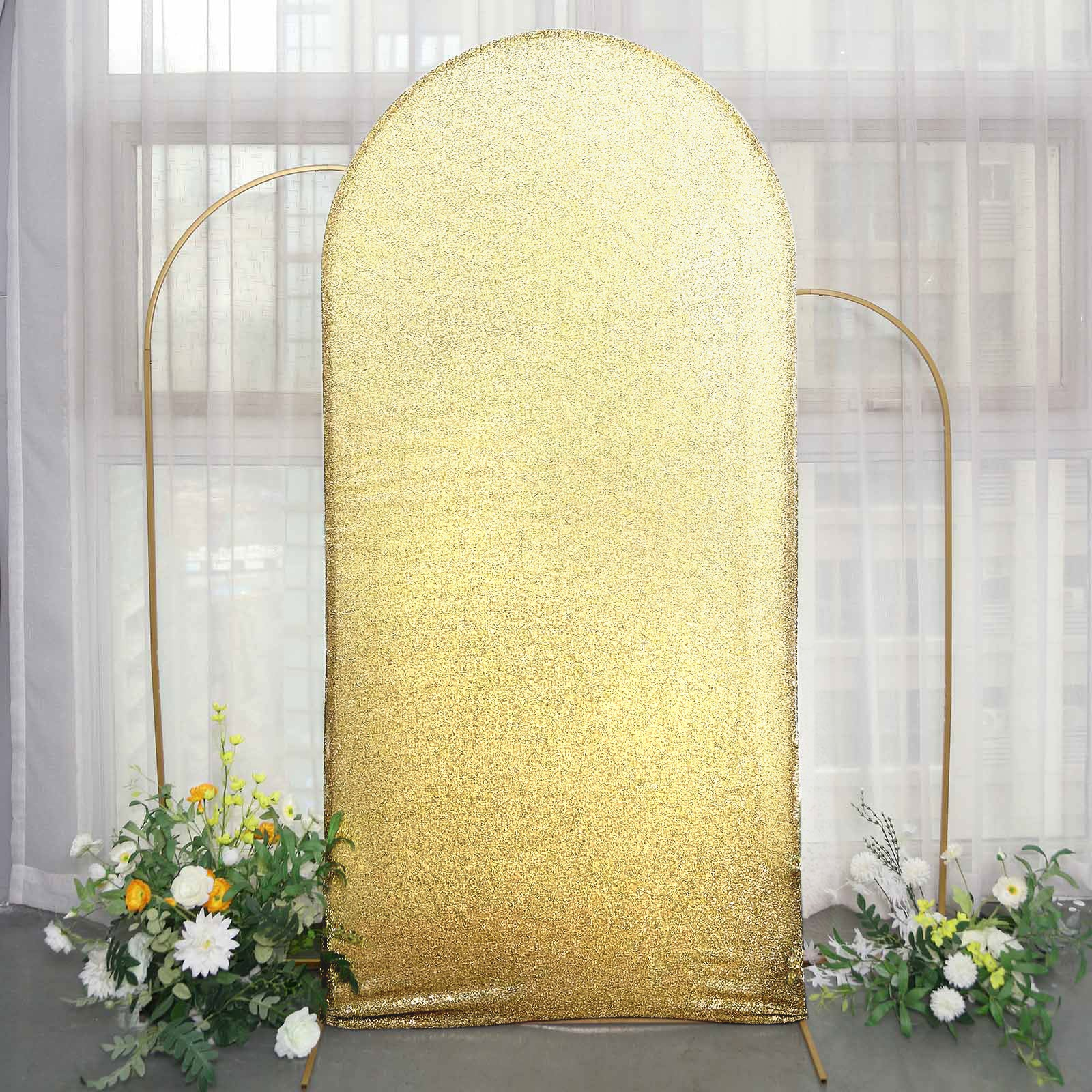 2023 Champagne Shimmer Tinsel Spandex Fitted Wedding Arch Covers For Round Top Backdrop Stands Rose Morning