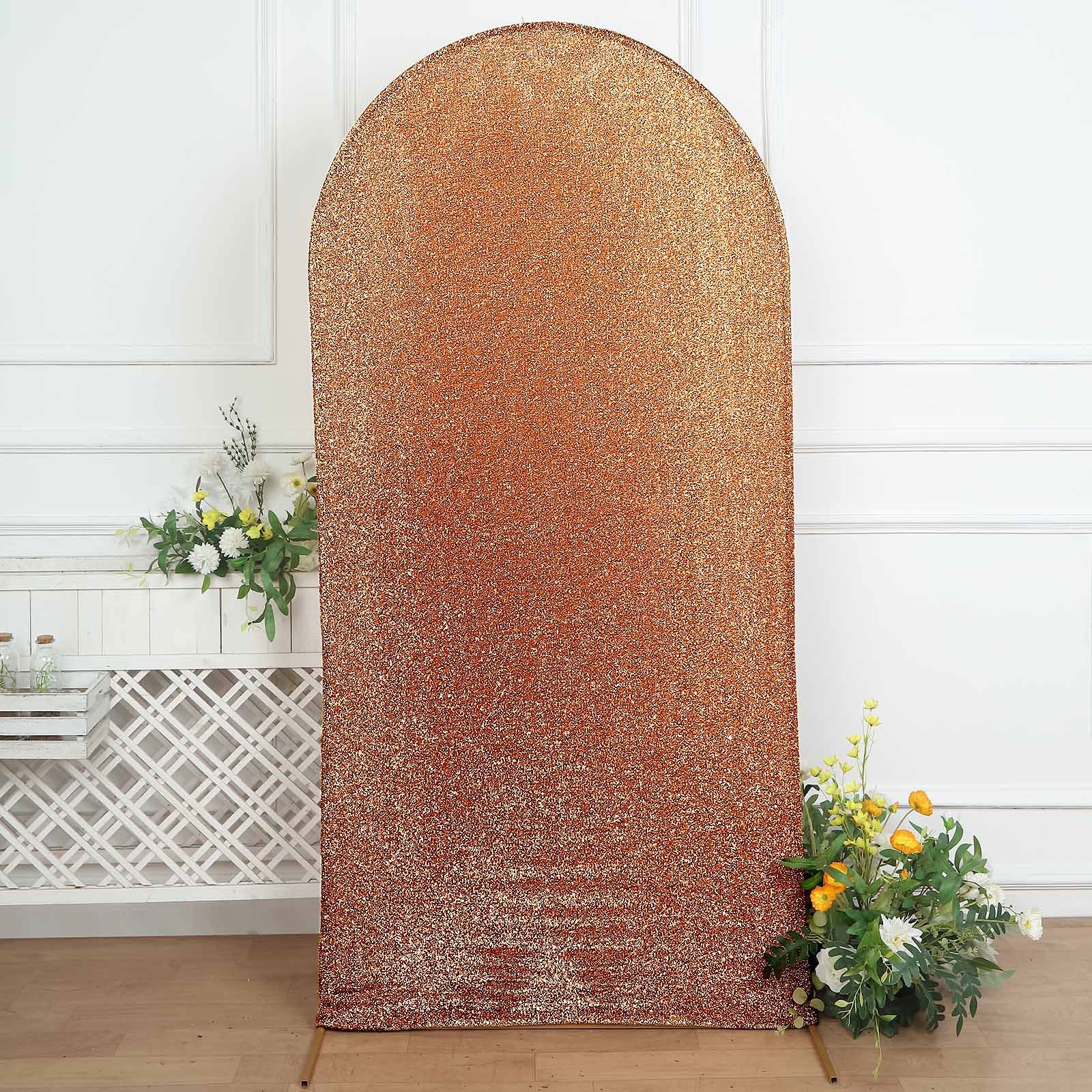 2023 Antique Gold Shimmer Tinsel Spandex Fitted Wedding Arch Covers For Round Top Backdrop Stands 的副本 Rose Morning