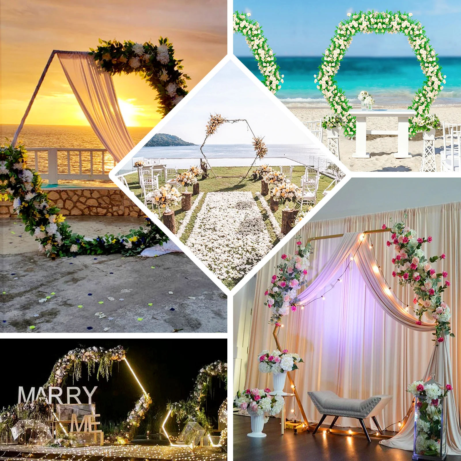Gold Metal Hexagonal Wedding Arch Photo Backdrop Stand Rose Morning