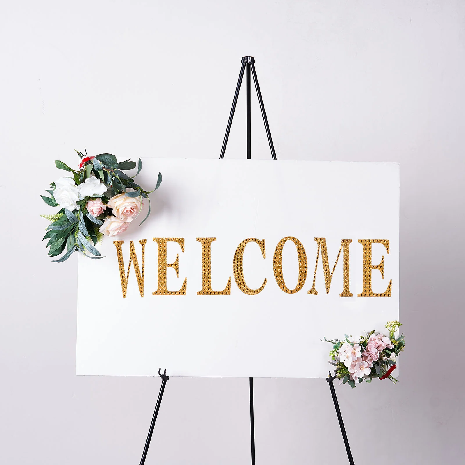 Black Metal Sign Holder Easel Stand, Collapsible Tripod Stand Rose Morning