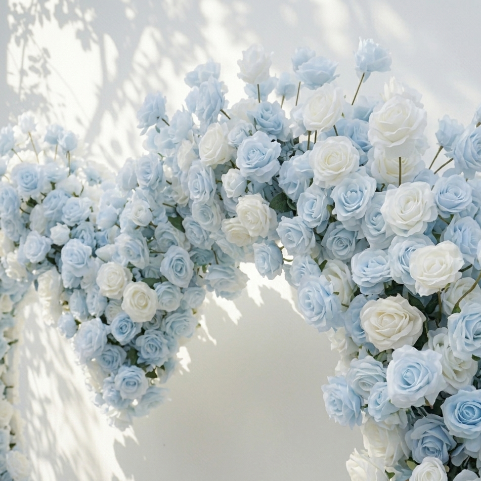 Elaris: Heart-Shaped Baby Blue and White Silk Rose Flower Arch Arrangement for Coastal Weddings & Parties