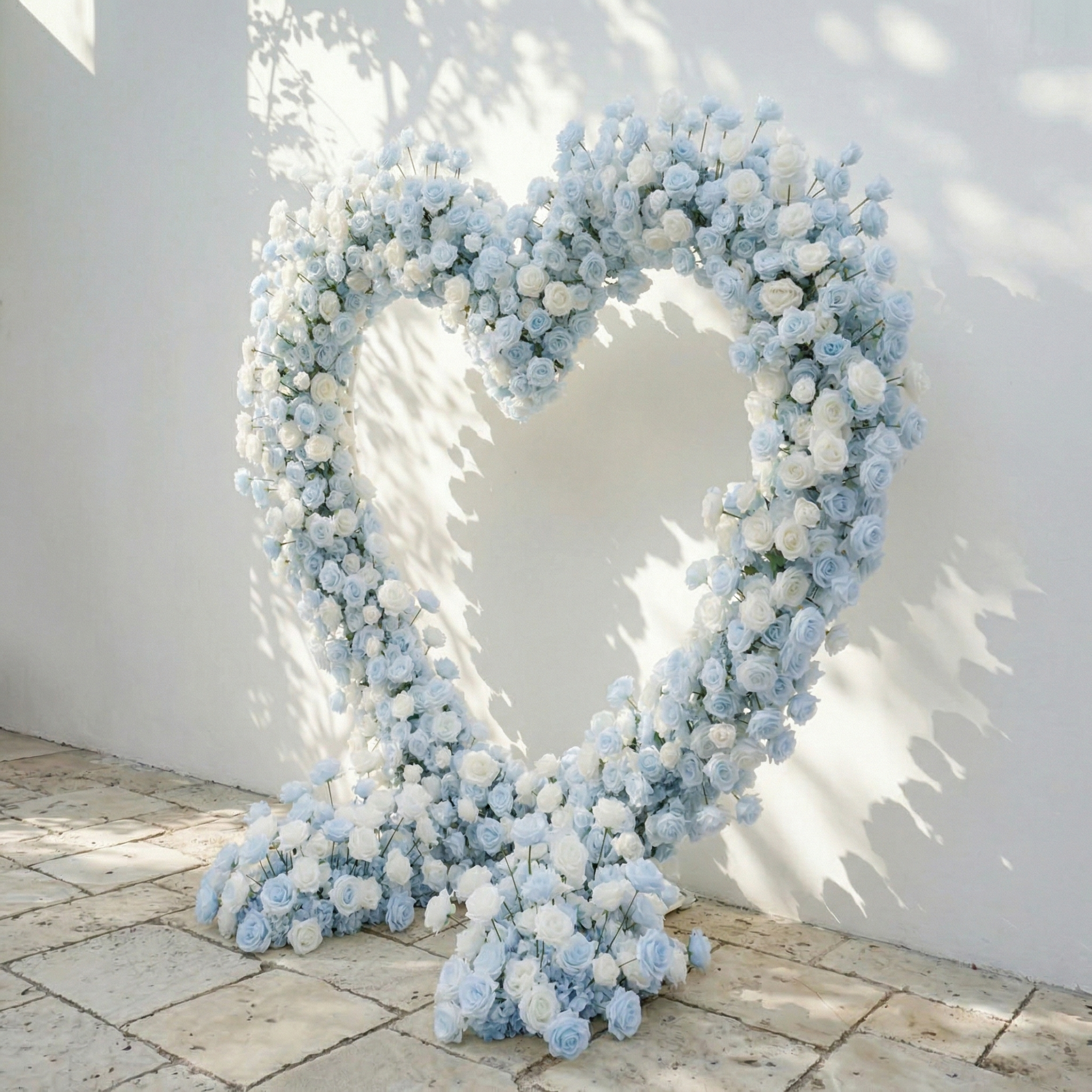Elaris: Heart-Shaped Baby Blue and White Silk Rose Flower Arch Arrangement for Coastal Weddings & Parties