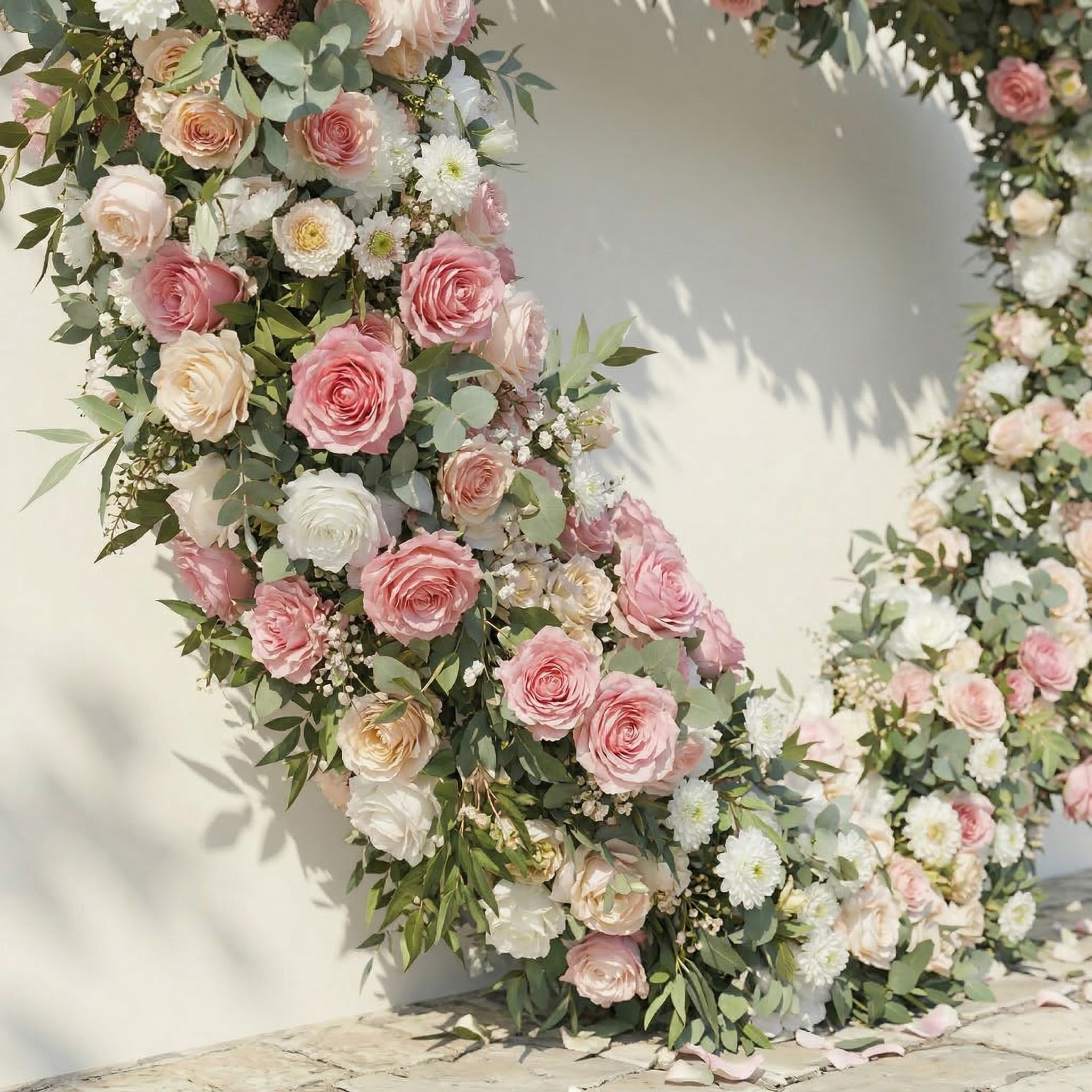 Elowira: Sweet Pink Flower Heart Arch with Lush Greenery for Proposal and Bridal Shower Decor