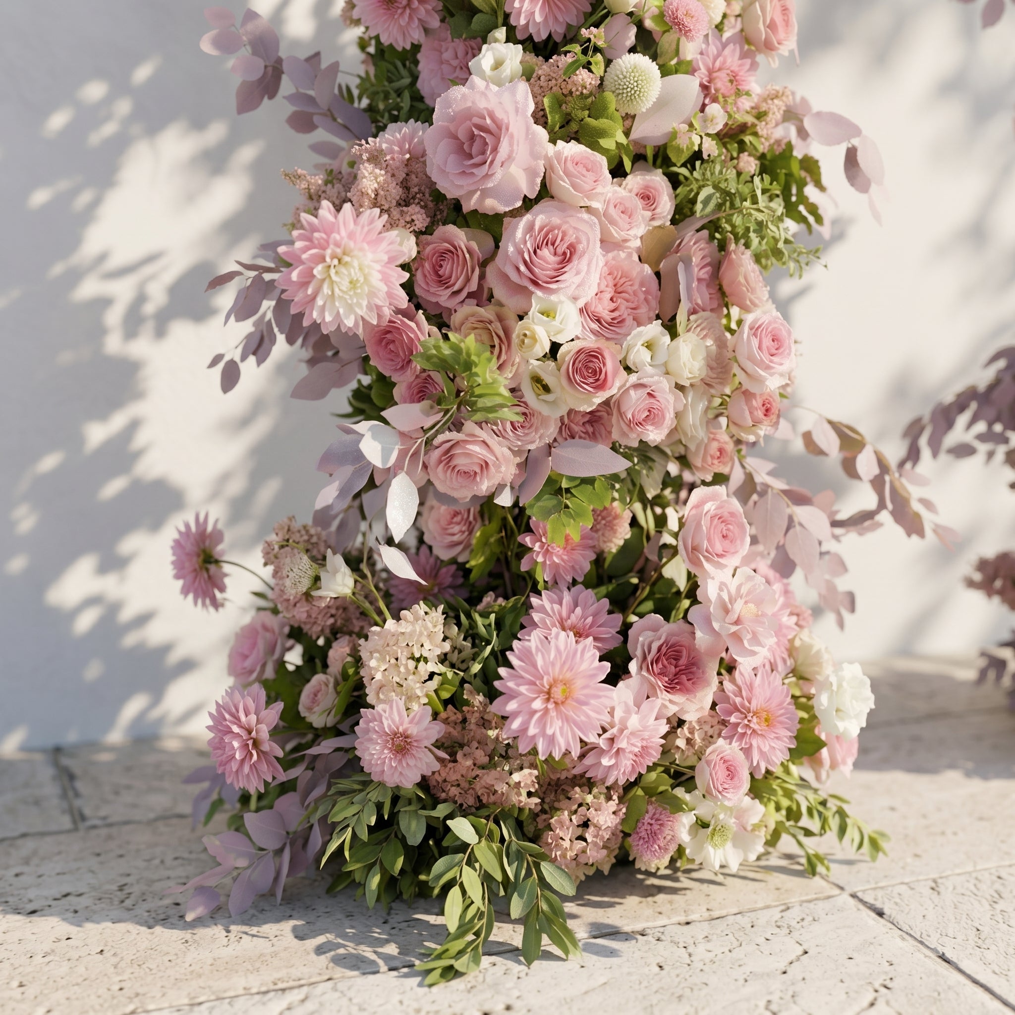 Emberlena: Luxury Muted Purple, Blush Pink & Cream Floral Ground Horn Arch Backdrop Decor Including Frame
