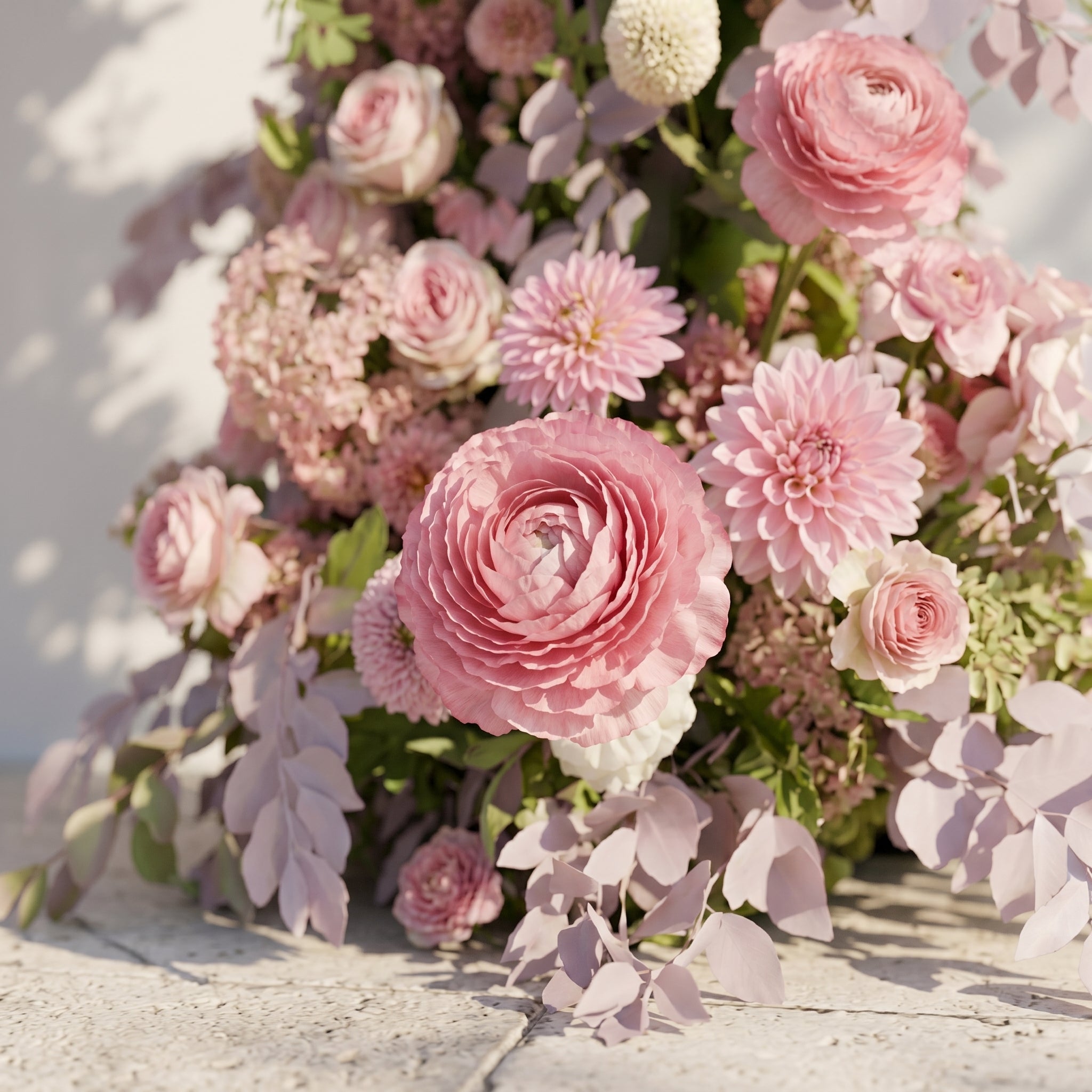 Emberlena: Luxury Muted Purple, Blush Pink & Cream Floral Ground Horn Arch Backdrop Decor Including Frame