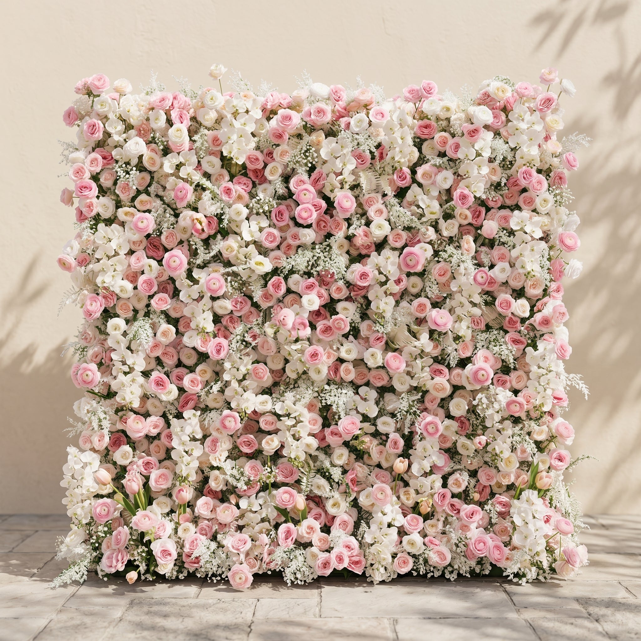 Valrella: Luxury 5D Pink & White Silk Floral Wall Roll-Up Fabric Backdrop for Dreamy Weddings & Garden Events