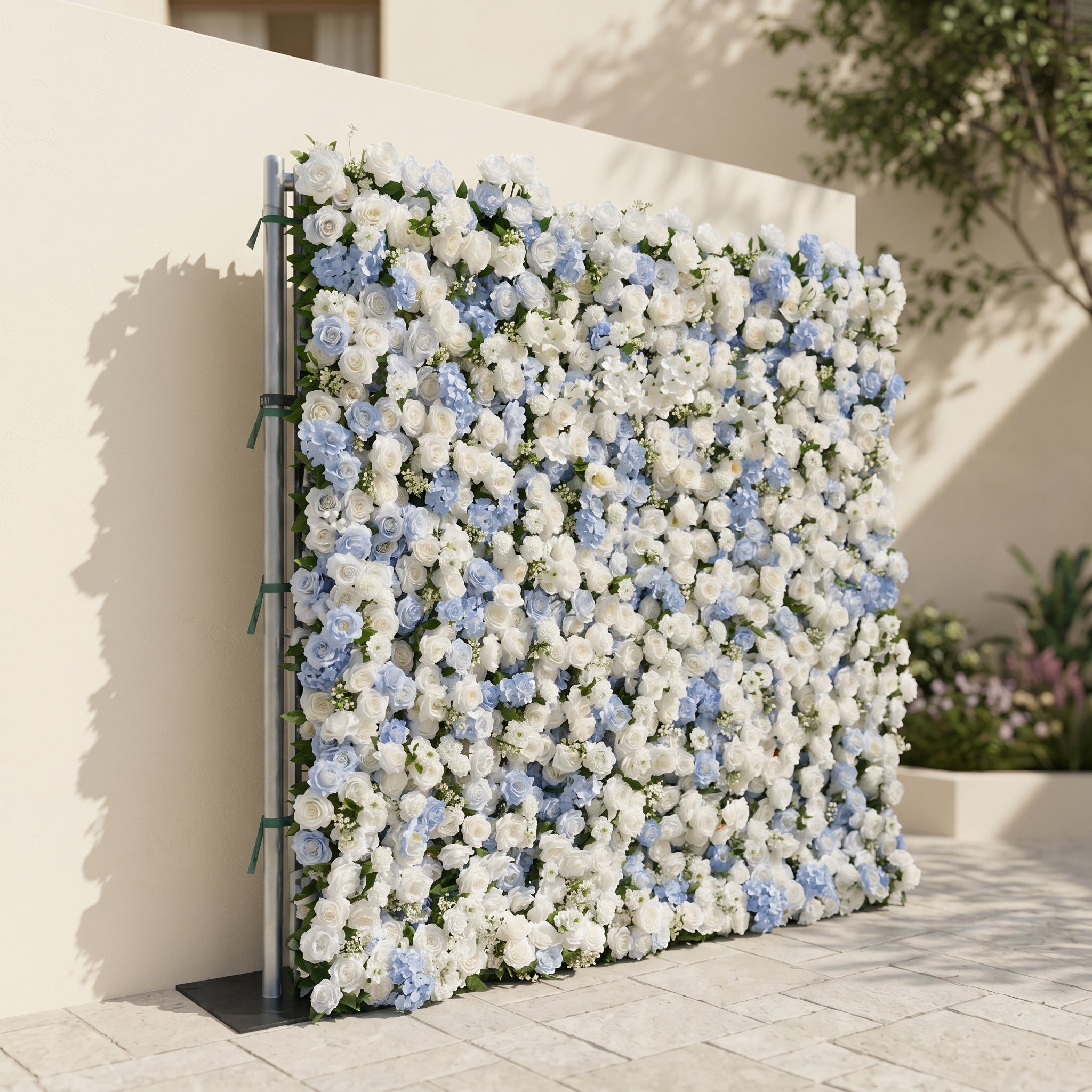 Embermira: Luxury 4D Ice White & Sky Blue Silk Floral Wall Backdrop for Destination Weddings