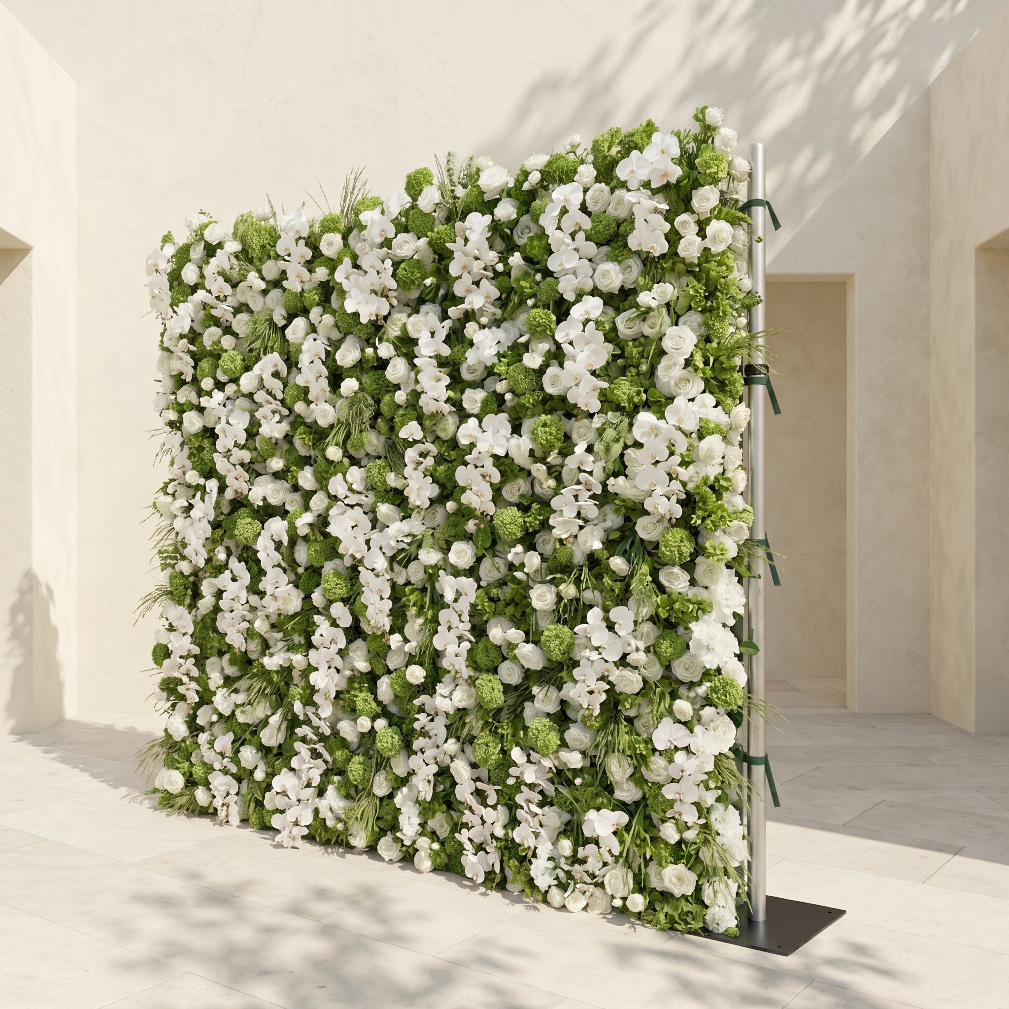 Evelaria: Luxury 5D White & Green Silk Floral Wall Roll-Up Backdrop for Edgy Romantic Weddings