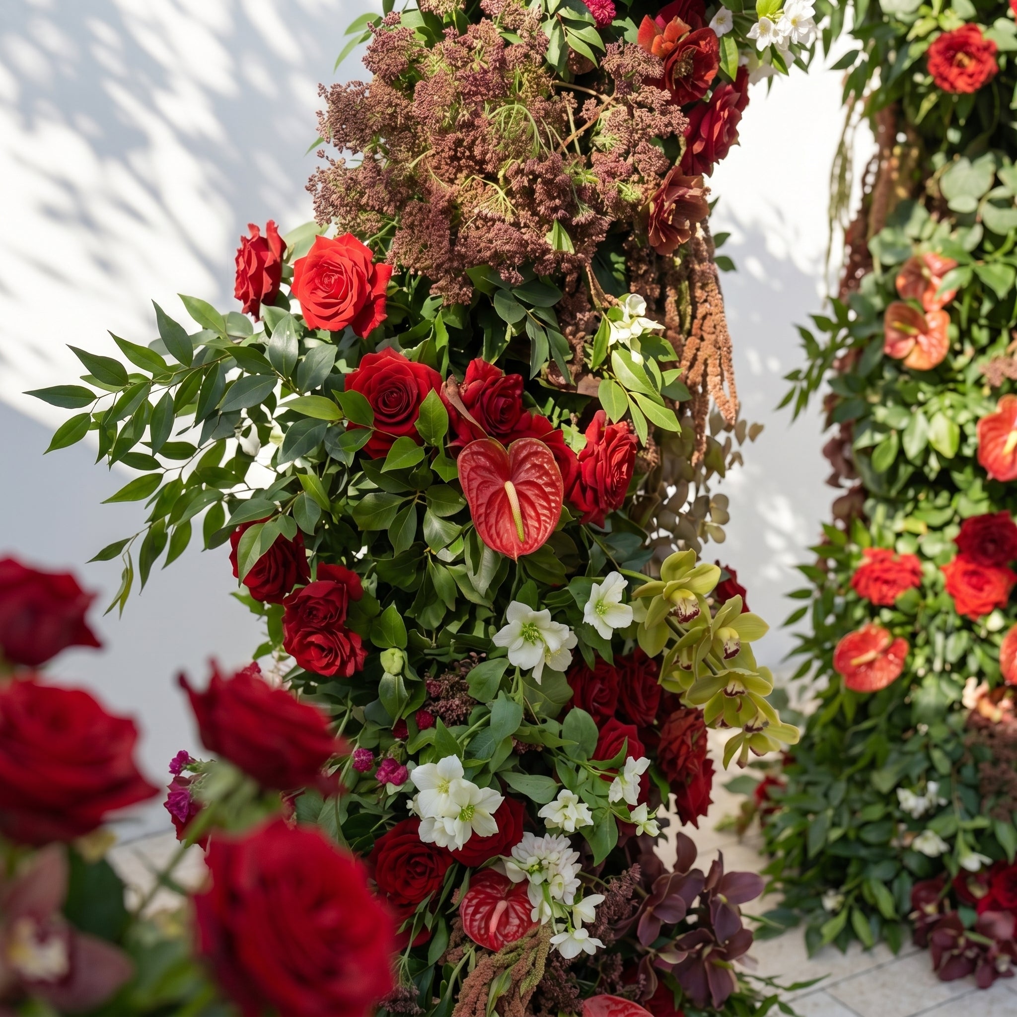 Fiorelle Horn Arch: Luxury Red Roses with natural Greenery Flower Arch for Garden Weddings and Events Decoration Incuding Frame