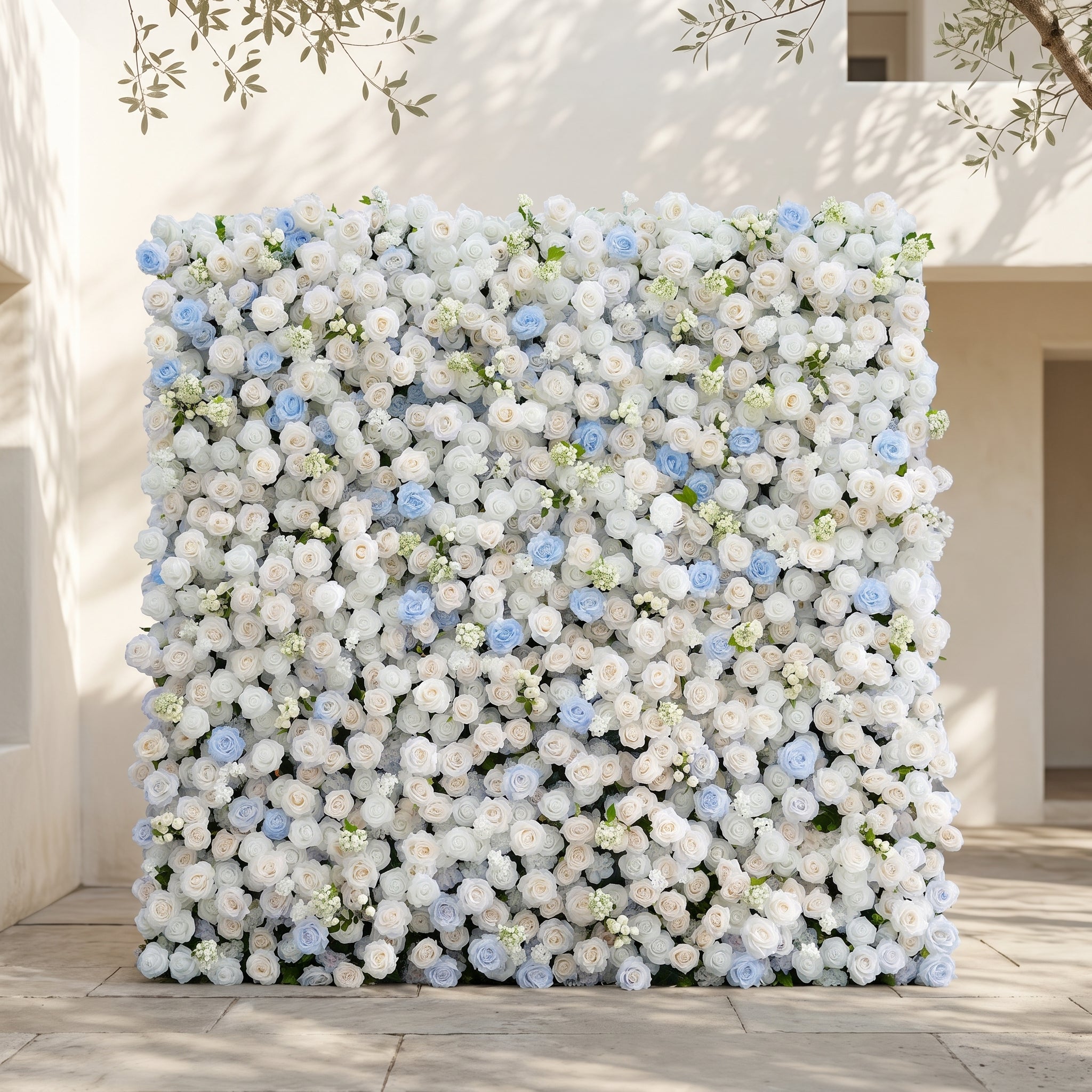Fiorelle:5D Dusty Baby Blue & Ivory White Silk Rose Flower Wall Roll-Up Fabric Backdrop for Romantic Weddings & Proposals