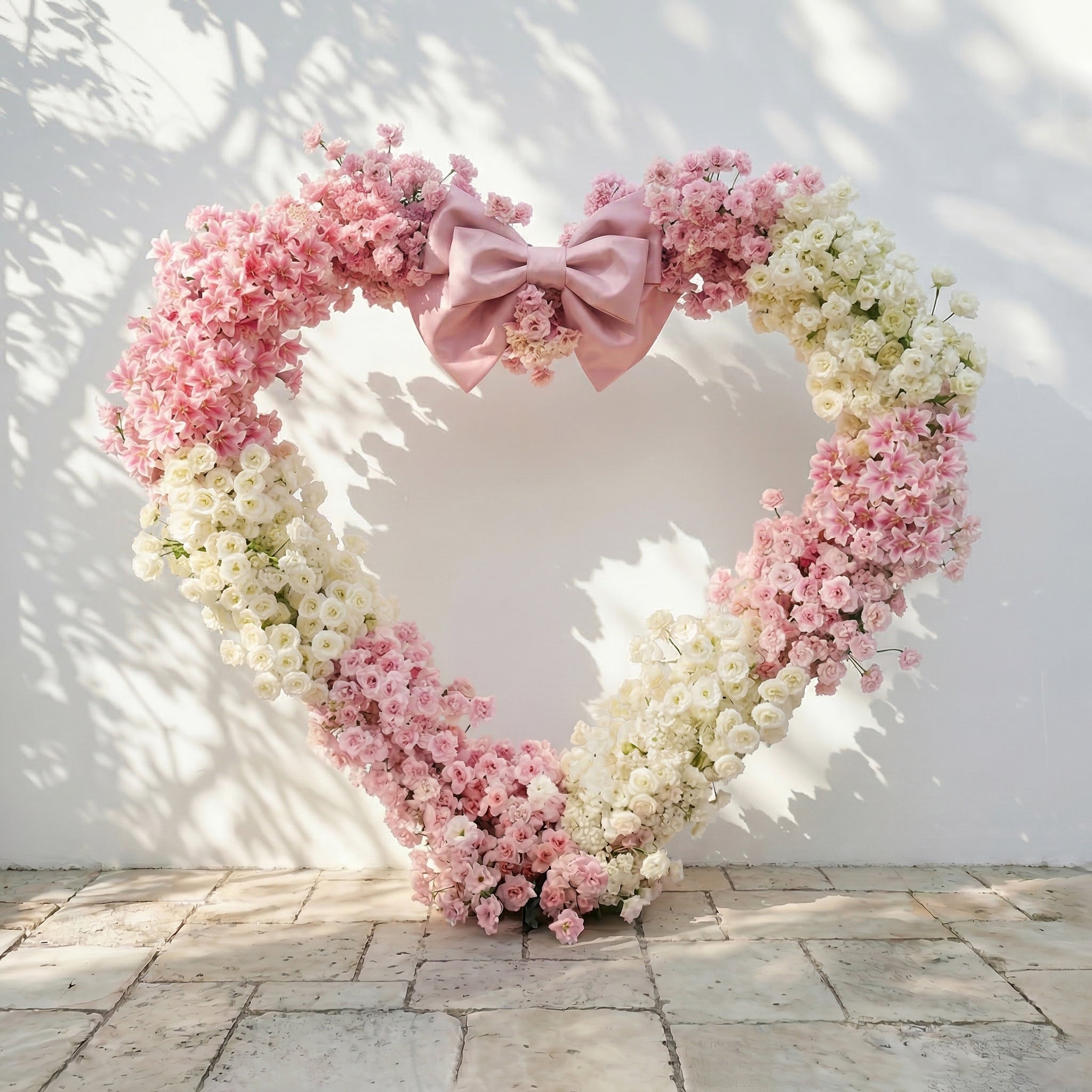 Florien: Heart-Shaped Pink and White Silk Rose Flower Arch Floral Arrangement for Dreamy Weddings & Parties