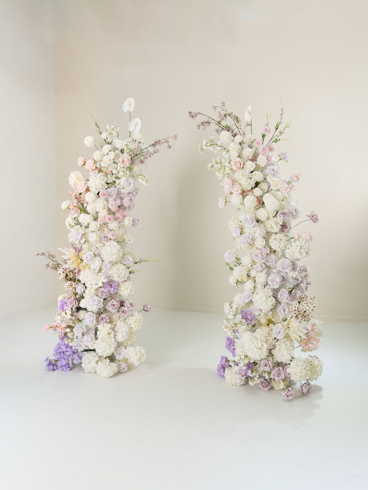 Gabina: All White Silk Floral Ground Horn Arch Arrangement with Cascading Amaranthus Greenery for Romantic Minimalist Weddings & Garden Event Decor Including Frame