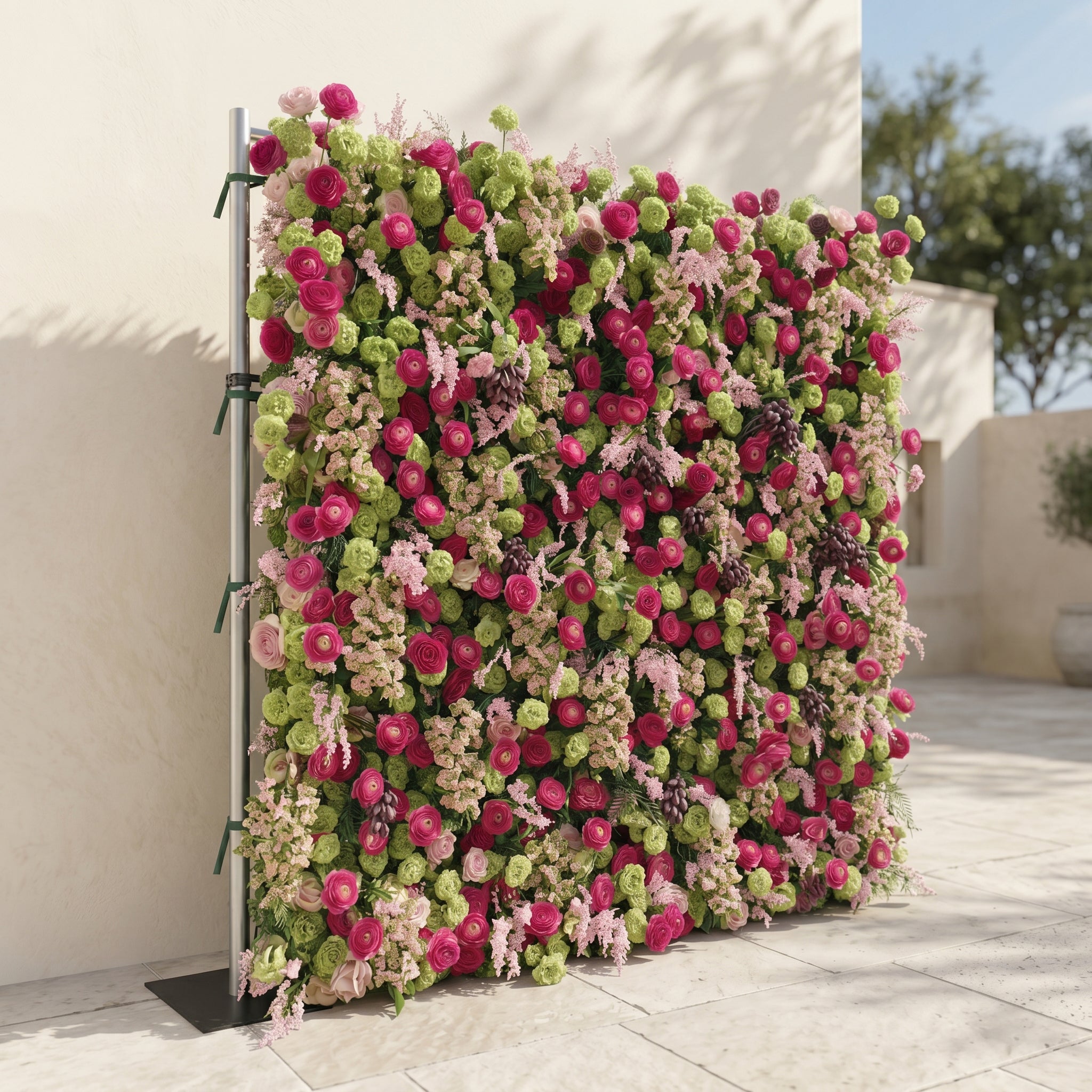 Floria: Luxury 5D Hot Pink & Green Silk Floral Wall Roll-Up Fabric Backdrop for Vibrant Summer Parties & Events