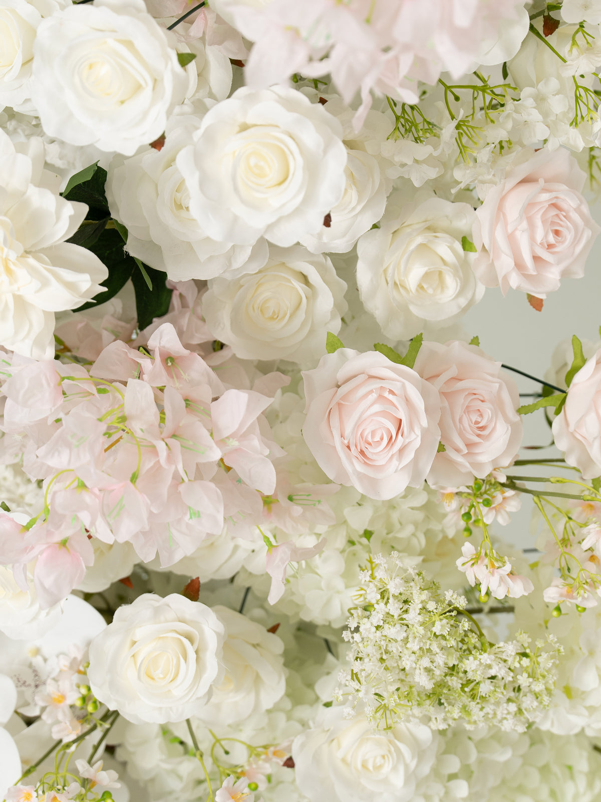 Gerisa: All White Silk Floral Ground Horn Arch Arrangement with Cascading Amaranthus Greenery for Romantic Minimalist Weddings & Garden Event Decor Including Frame