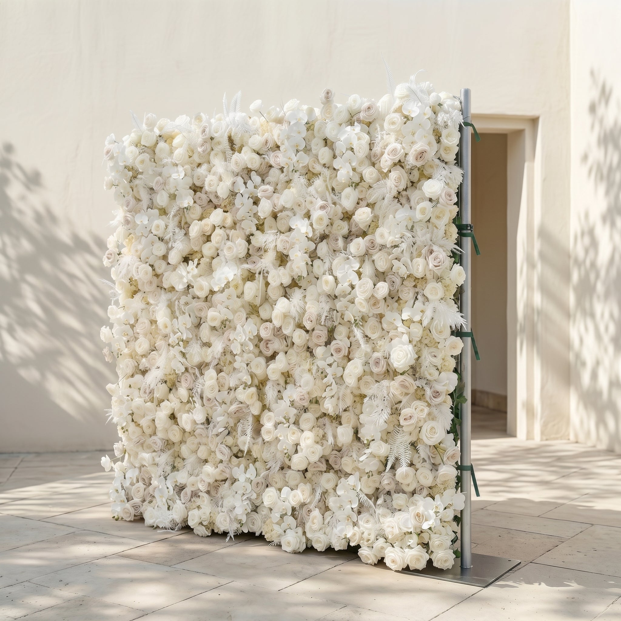 Junbelle:Elegant 5D White Floral Wall with Pampas Grass Accents Roll-Up Backdrop for Whimsical Bridal Showers