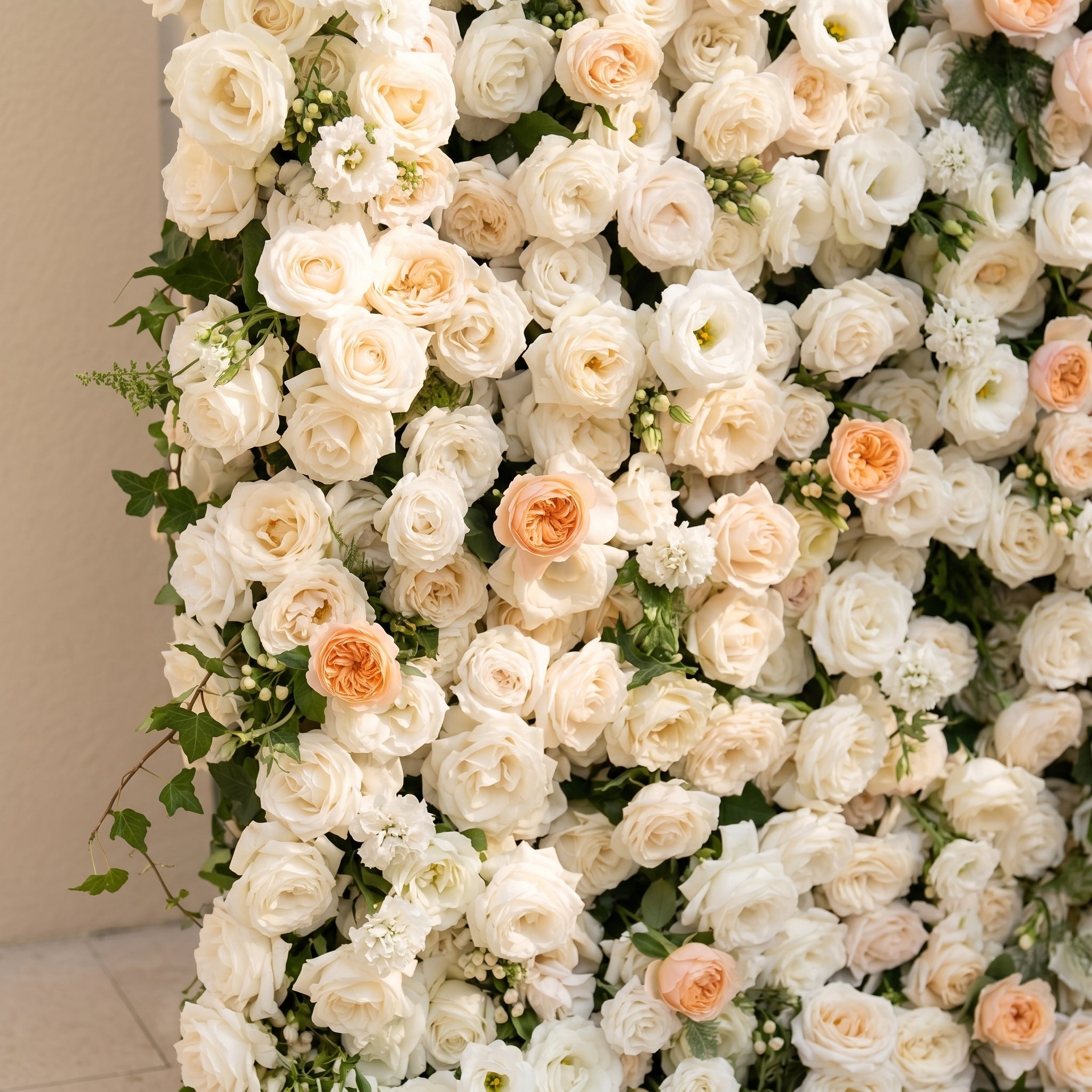 Karellora:5D Cream Ivory White Silk Rose Flower Wall Roll-Up Fabric Backdrop with Soft Peach Accents for Romantic Weddings & Proposals