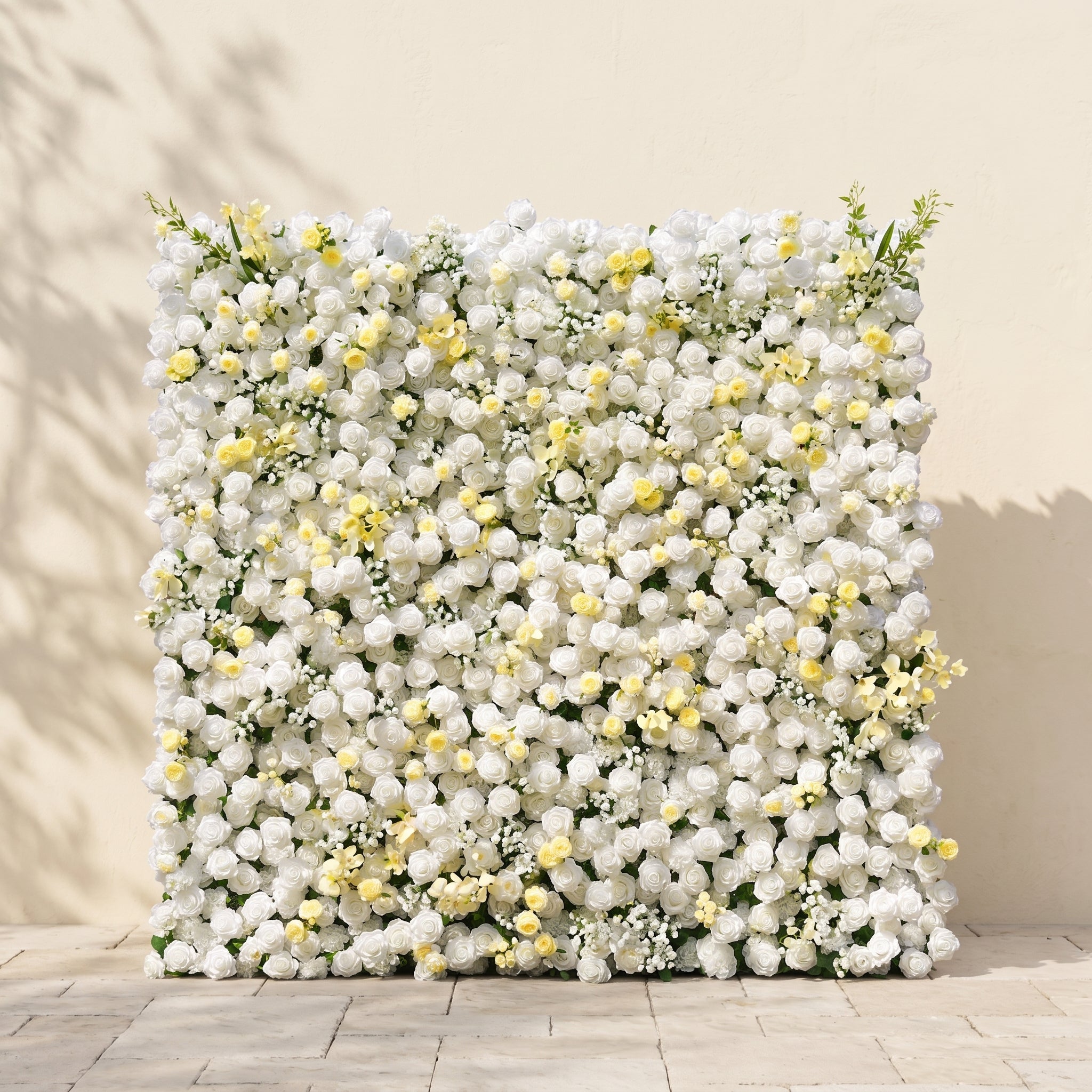 Kirviane:New Luxury Roll-up 3D White and Warm-yellow Roses Flower Wall for Weddings&Event Decor kirviane front