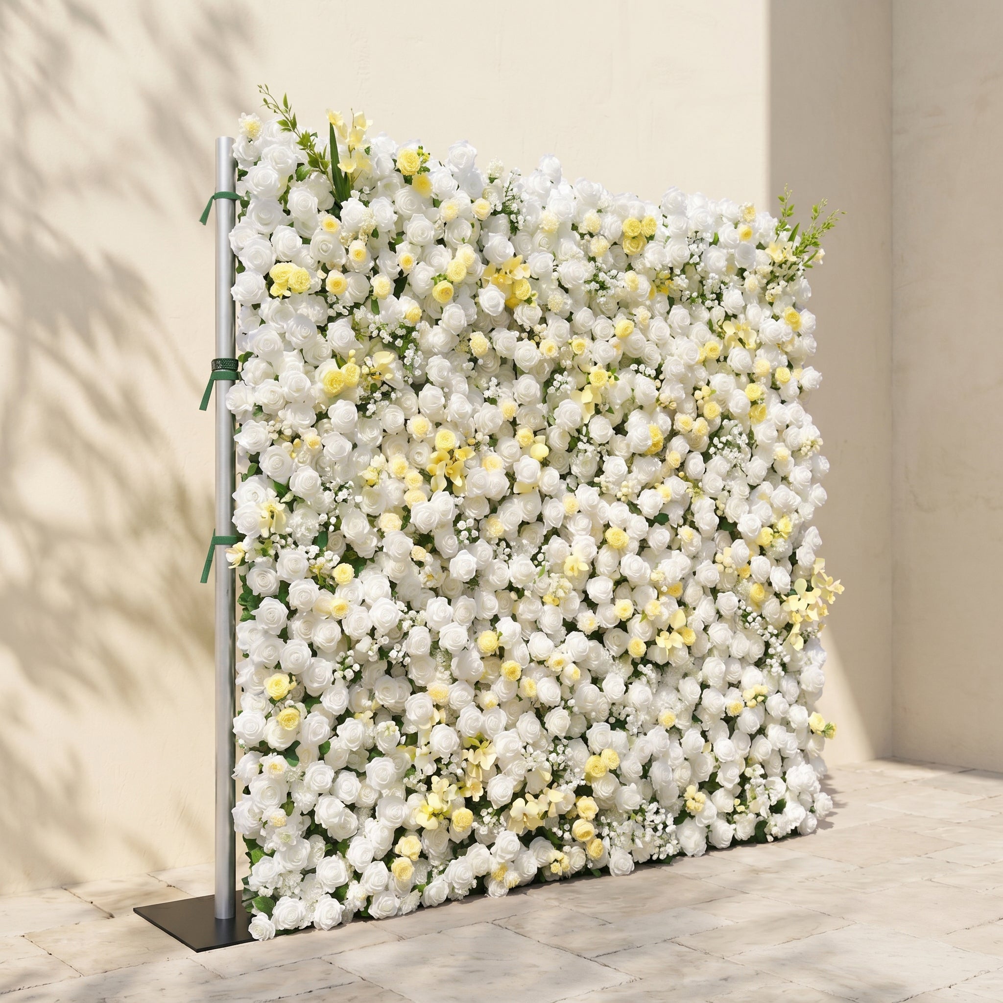 Kirviane:New Luxury Roll-up 3D White and Warm-yellow Roses Flower Wall for Weddings&Event Decor kirviane left