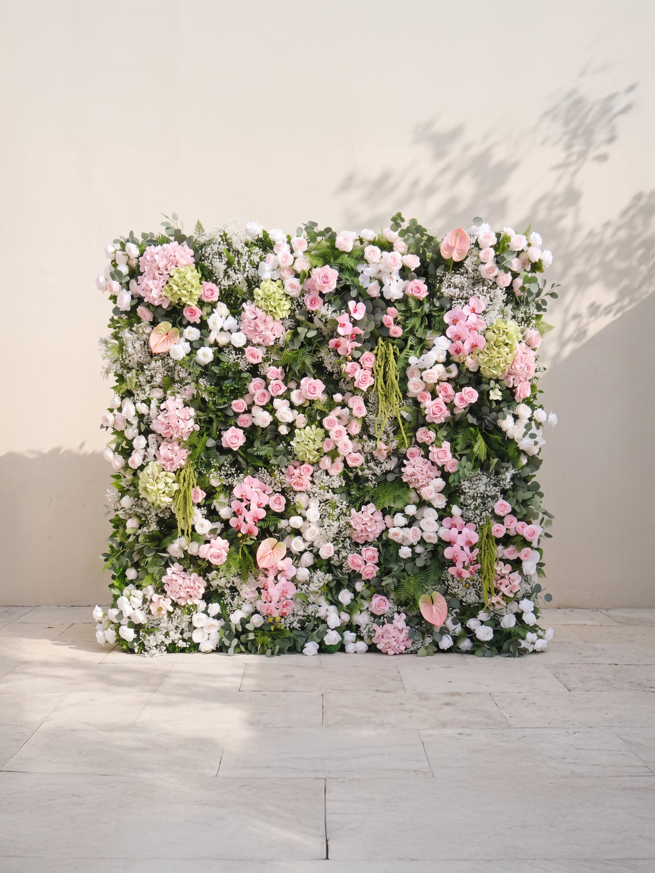 Laelvia: 5D Blush Pink, Ivory White & Greenery Silk Rose Flower Wall Roll-Up Fabric Backdrop for Romantic Weddings & Proposals — front view