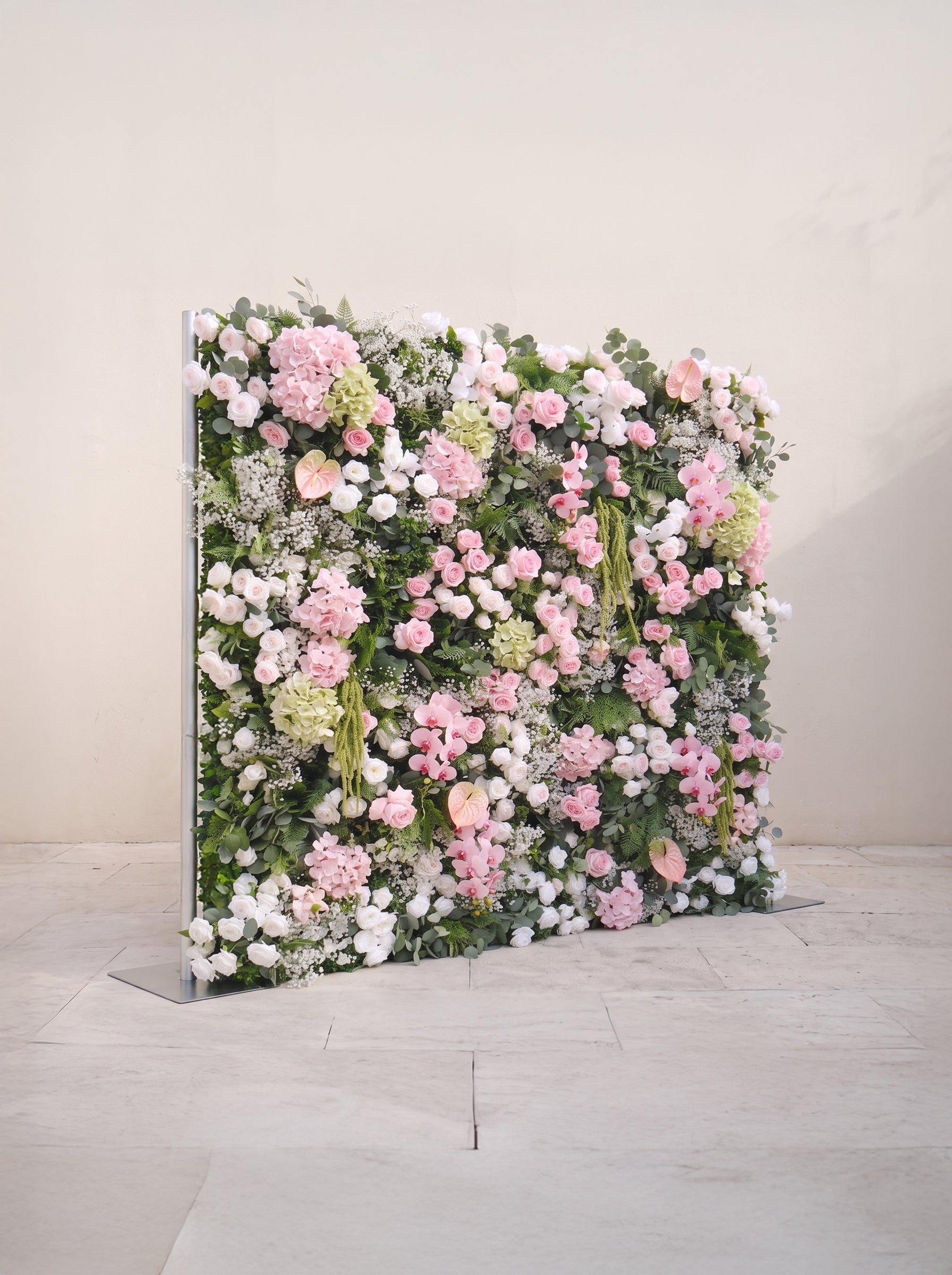 Laelvia: 5D Blush Pink, Ivory White & Greenery Silk Rose Flower Wall Roll-Up Fabric Backdrop for Romantic Weddings & Proposals — left view