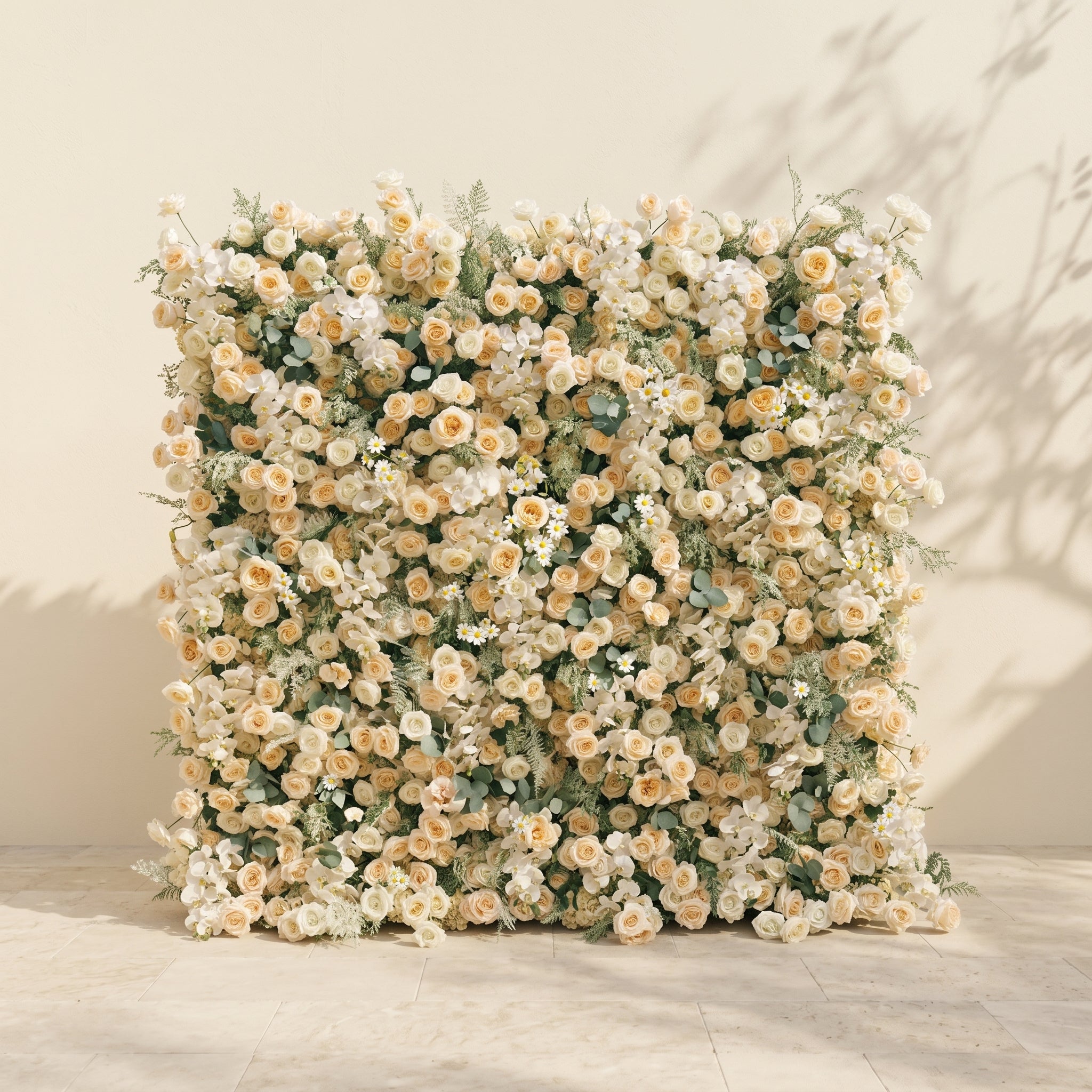 Larena:Luxury 5D Cream & Champagne Silk Floral Wall Roll-Up Backdrop for Timeless Romantic Weddings