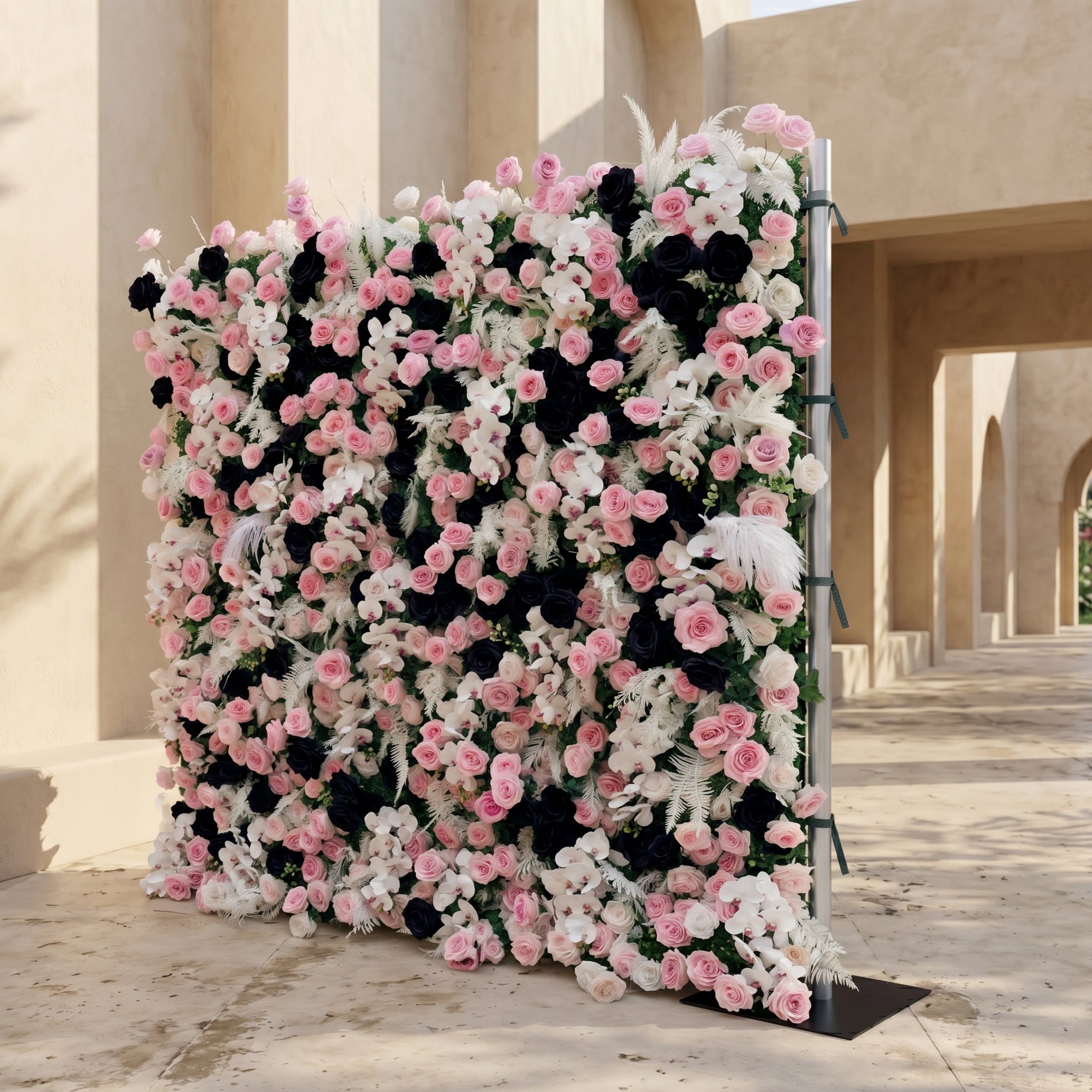 Larorae: Luxury 5D Black & Blush Pink Silk Floral Wall Roll-Up Backdrop for Edgy Romantic Weddings