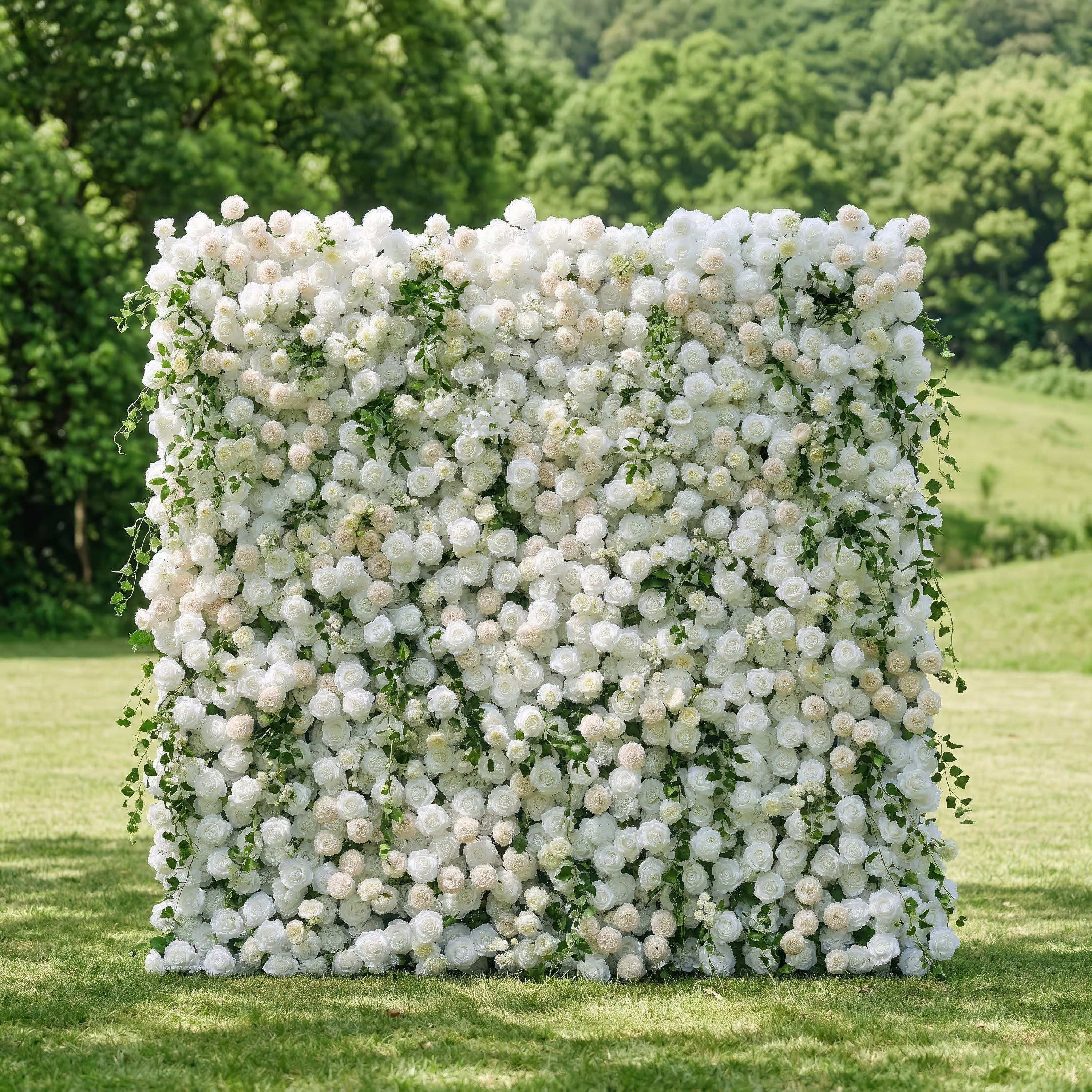 Lioraen: 5D Timeless Ivory and Light Champagne Flower Wall with Hanging Greenery Roll-Up Fabric Backdrop for Garden Party & Event