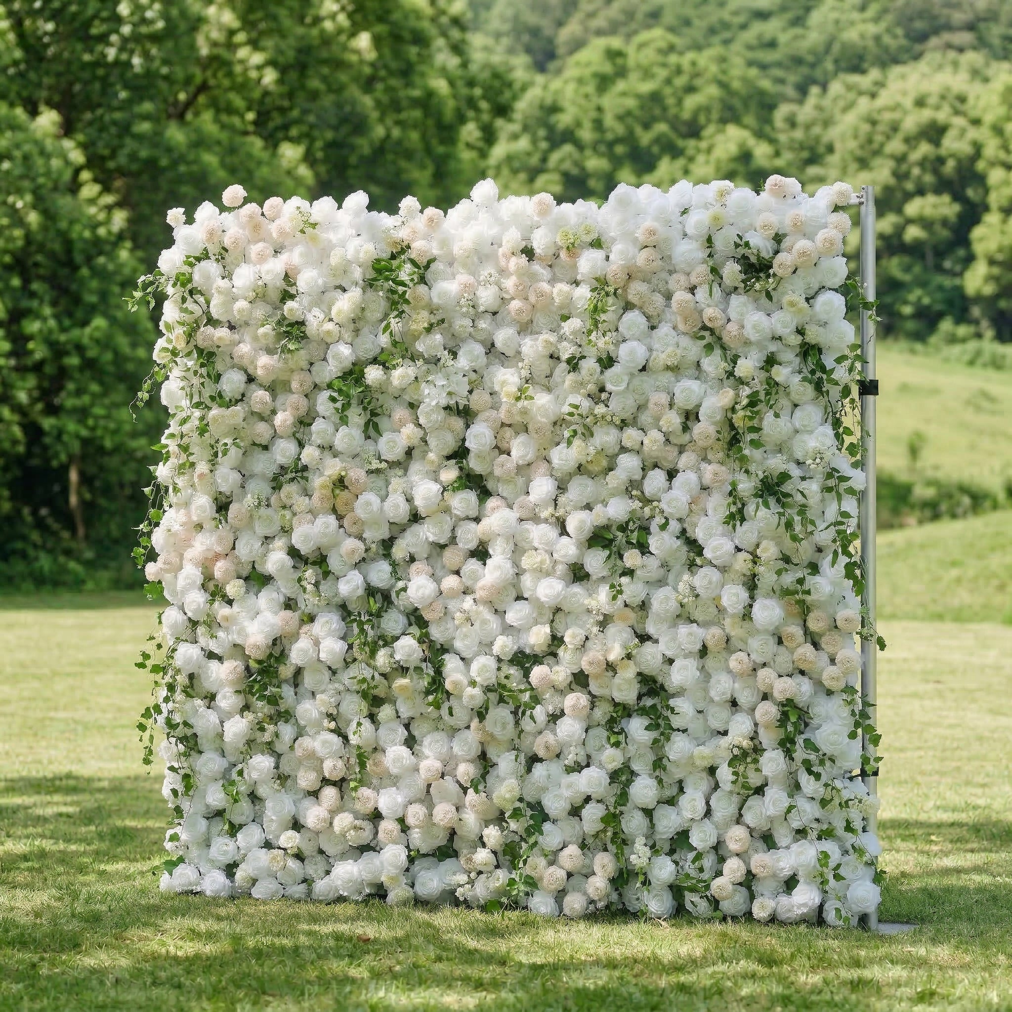Lioraen: 5D Timeless Ivory and Light Champagne Flower Wall with Hanging Greenery Roll-Up Fabric Backdrop for Garden Party & Event
