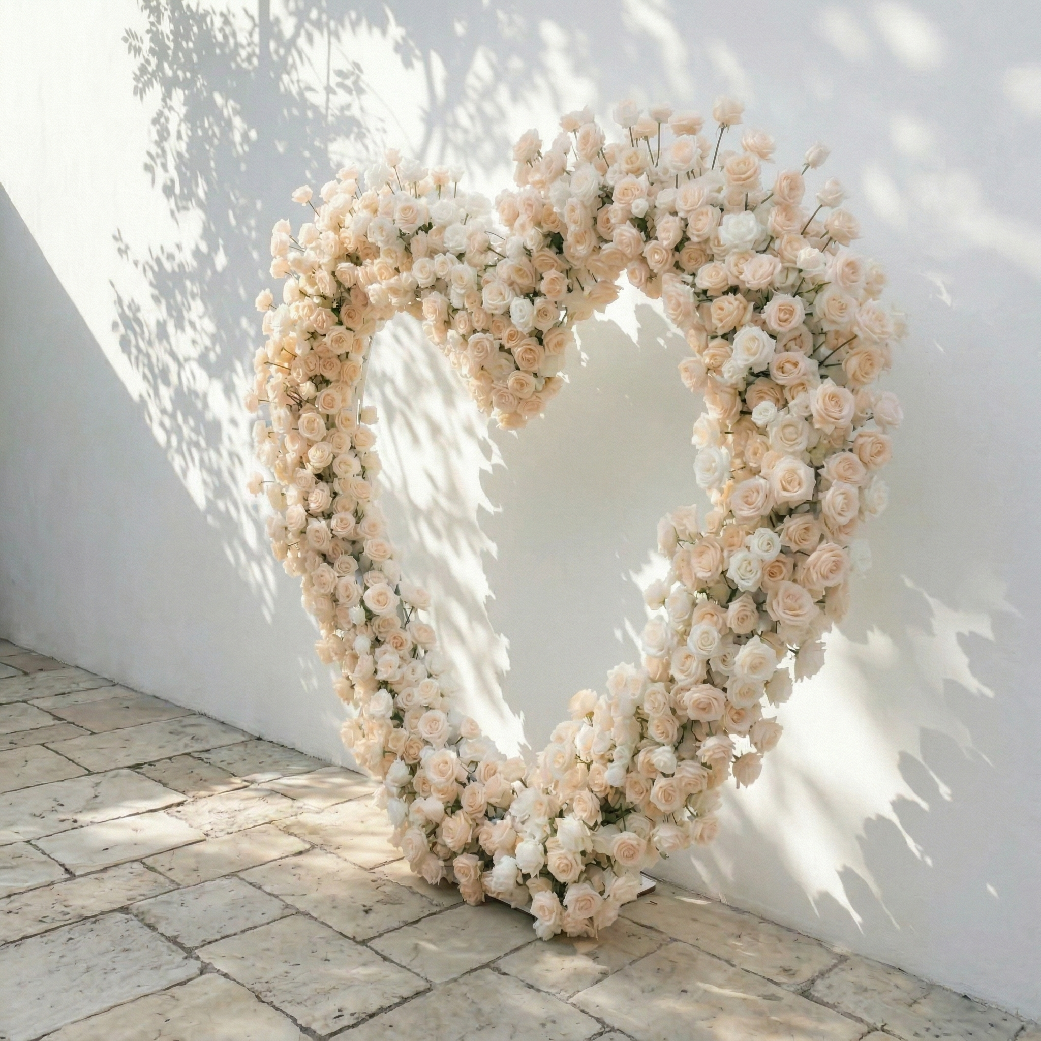 Lioren: Heart-Shaped Champagne & Soft Peach Silk Rose Flower Arch Floral Arrangement for Elegant Weddings & Proposal Events