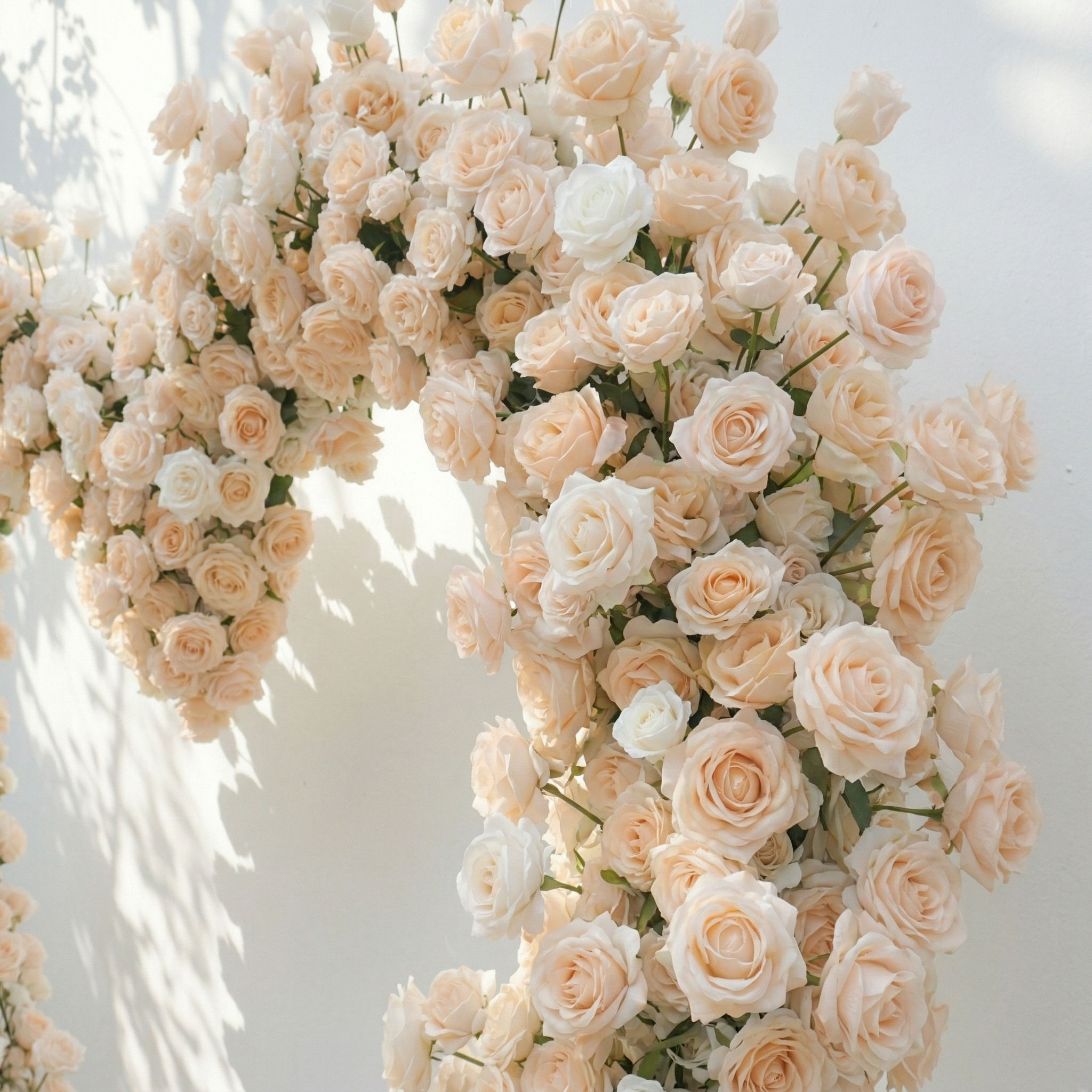 Lioren: Heart-Shaped Champagne & Soft Peach Silk Rose Flower Arch Floral Arrangement for Elegant Weddings & Proposal Events